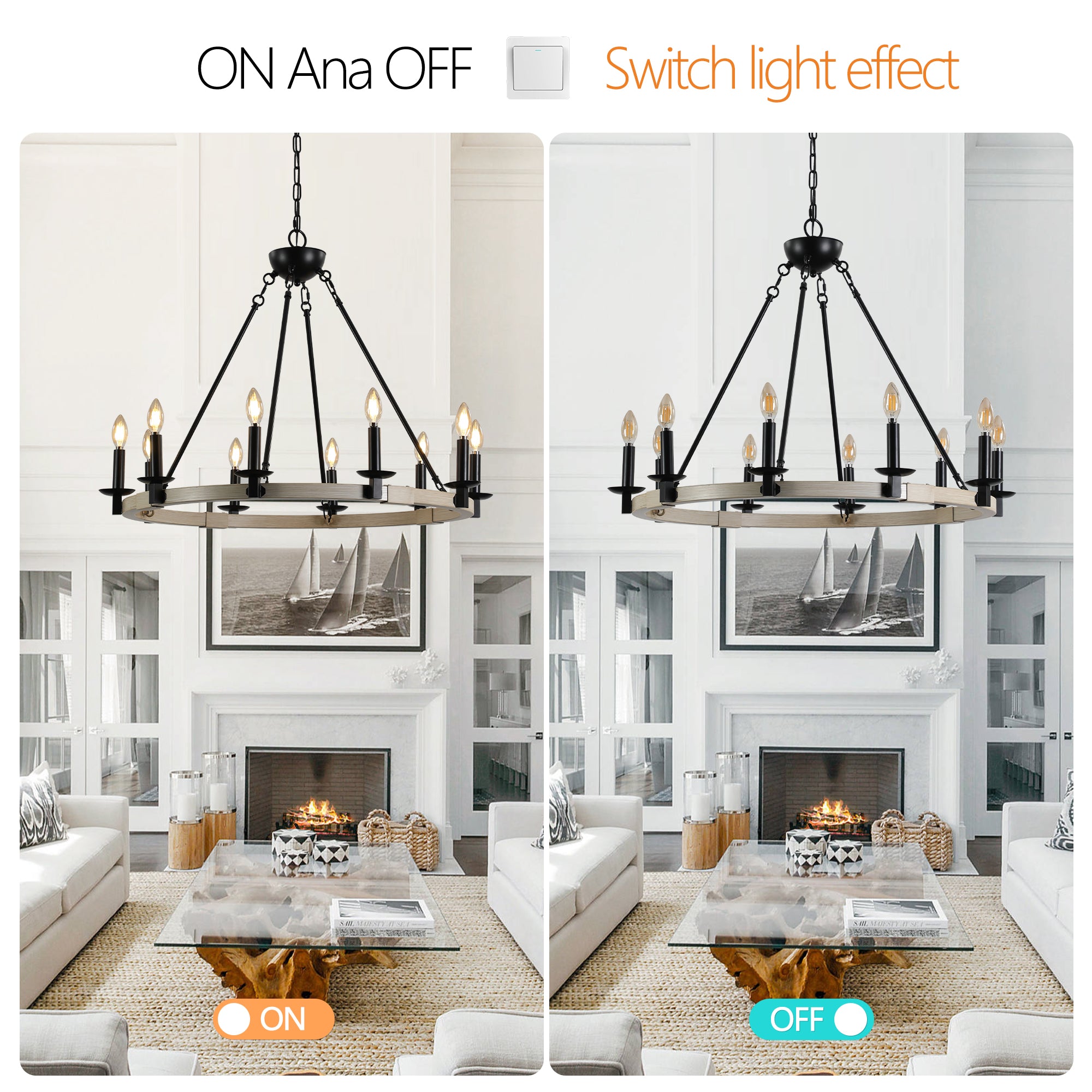 koorbiir ca1 32" Rustic Farmhouse Candle Chandelier, 10-Light Black Metal and Wood Round Hanging Light Fixture for Dining Room, Kitchen & Living Room, Adjustable Height, E12 Bulb Base (No Bulbs)