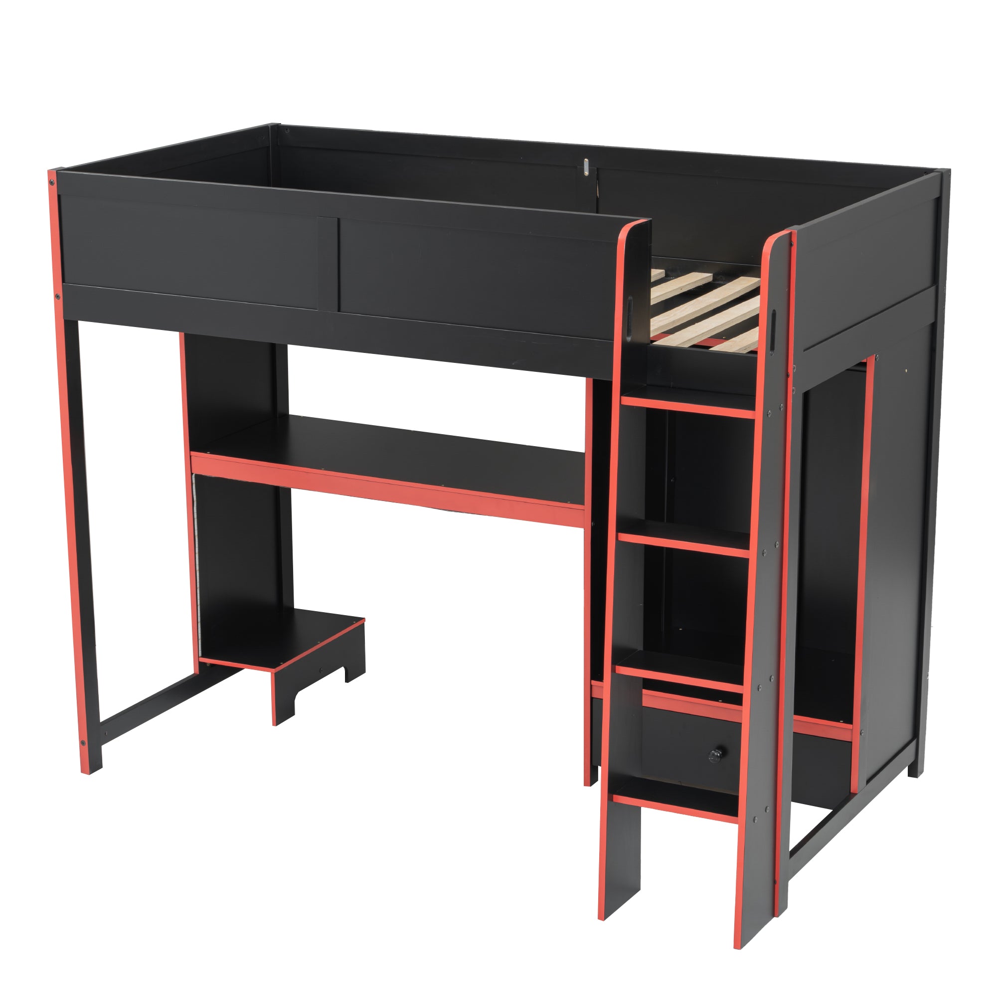 koorbiir G1 Wood Full-Size Gaming Loft Bed with Built-In Gaming Desk, Wardrobe, LED Lighting & Drawer ¨C Black