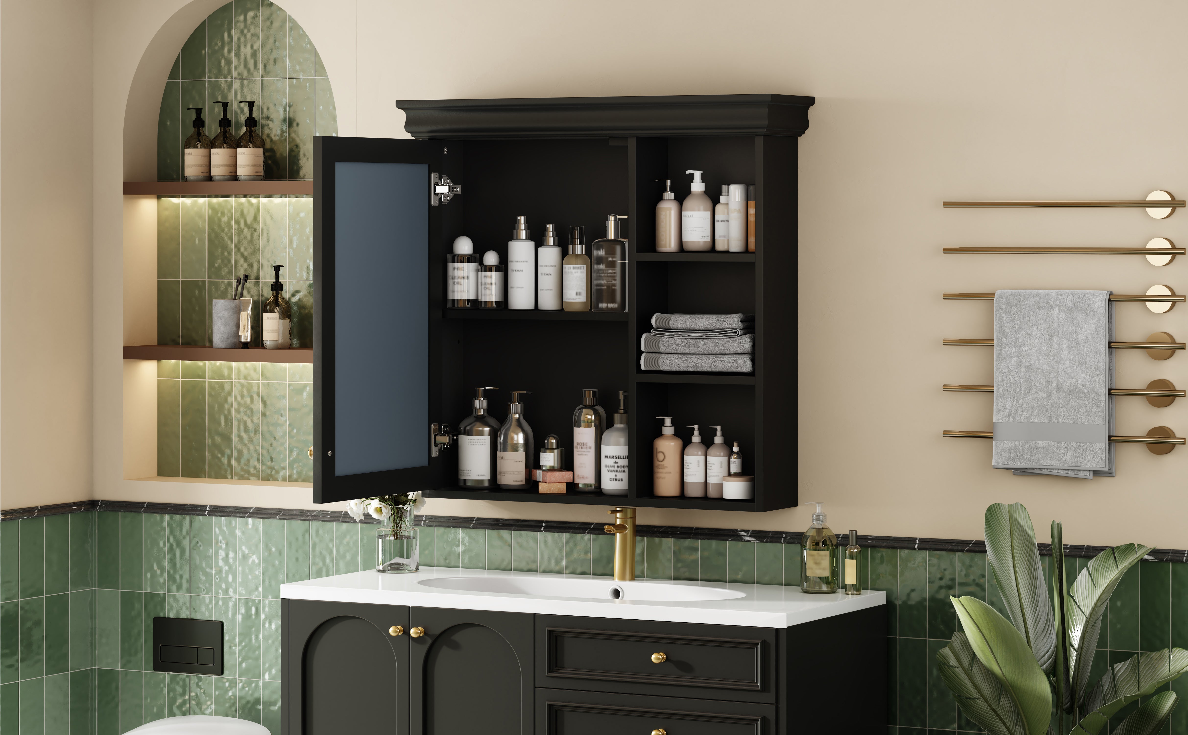 30'' x 28'' Wall-Mounted Bathroom Medicine Cabinet with Mirror ¨C Over Toilet Storage Organizer for Bathroom Organization, Black MDF Cabinet