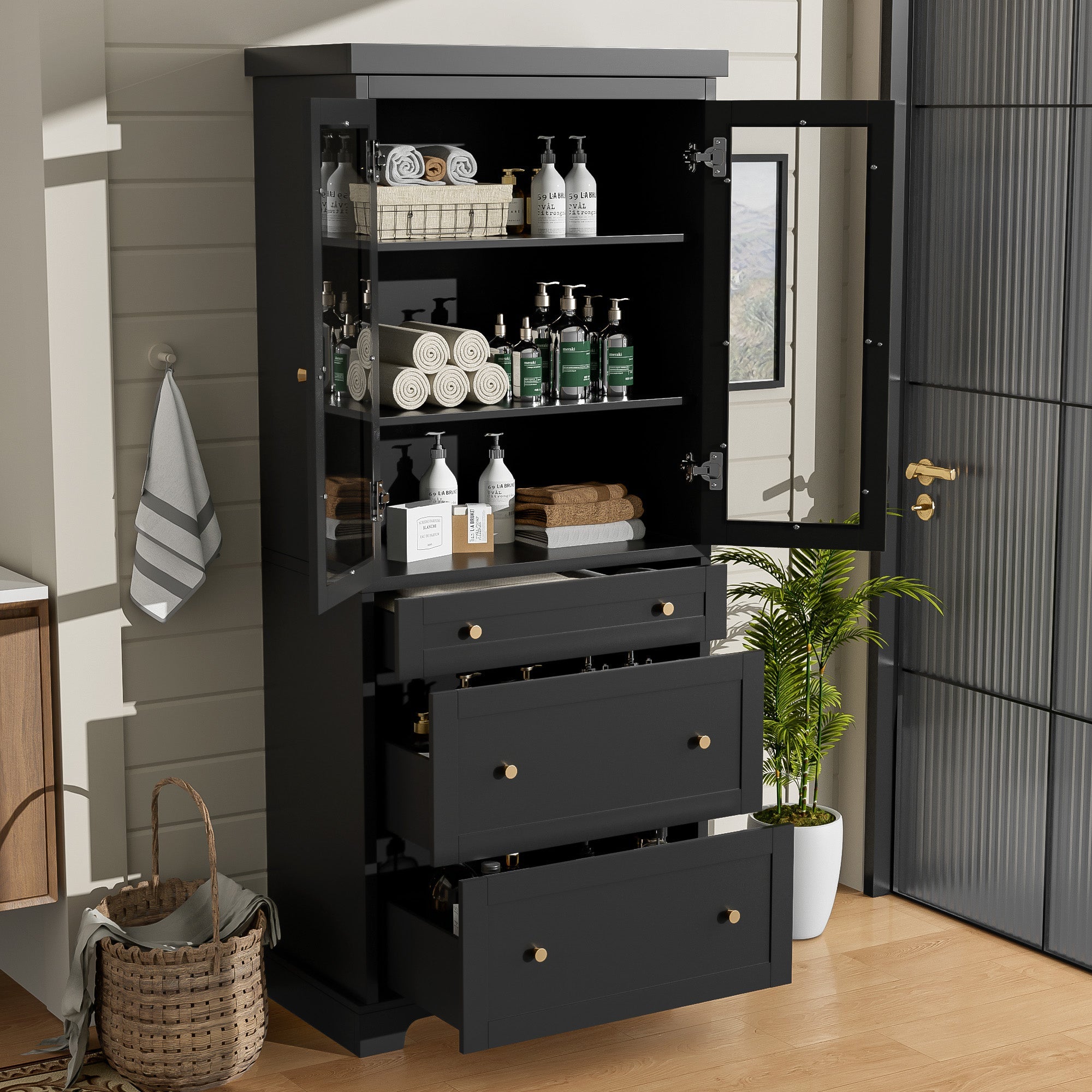 koorbiir k9 70.1" Modern High Freestanding Tall Bathroom Cabinet with 2 Adjustable Shelves & 3 Drawers ¨C Soft - Close Glass Doors, Luxury Metal Handles, Versatile Bathroom, Kitchen, and Living Room Storage - Koorbiir