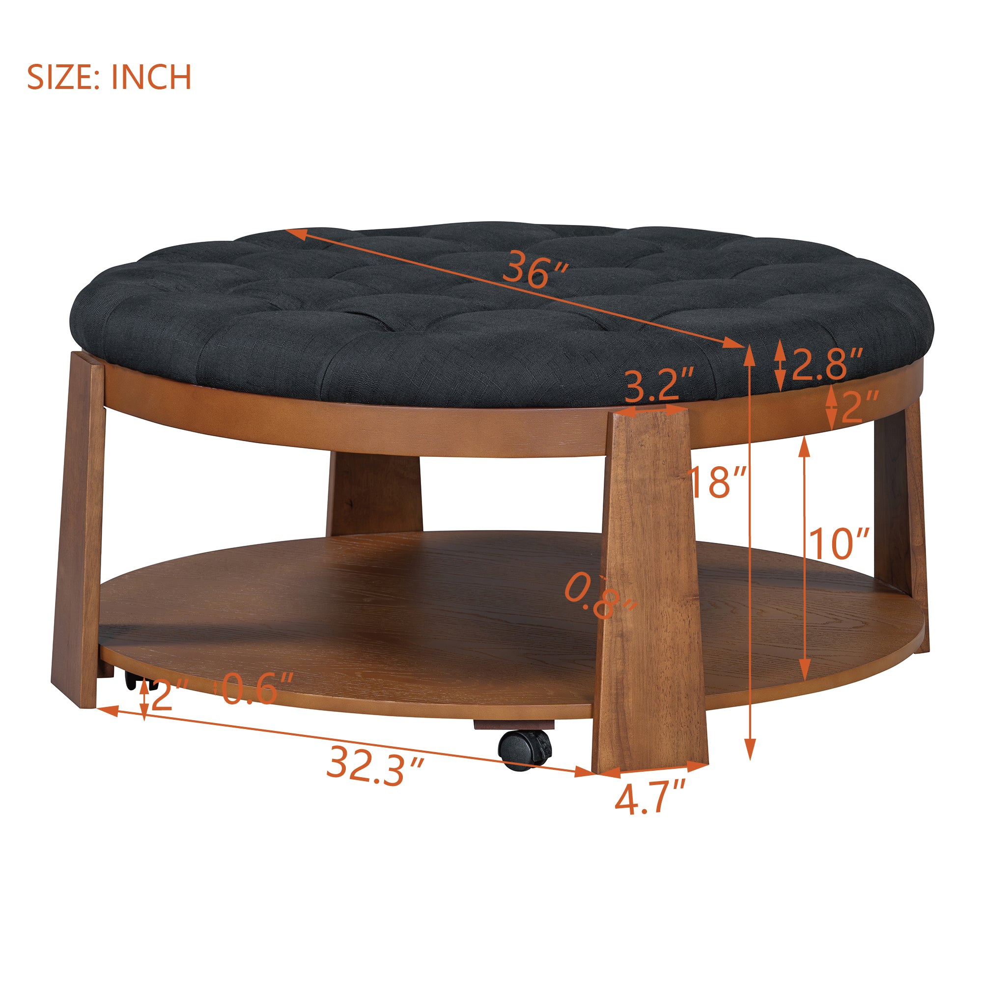 koorbiir ta1 Modern Large Round Ottoman Coffee Table with 2-Tier Wood Shelf Storage ¨C Oversized Button Tufted Upholstered Footrest Ottoman on Wheels, Waterproof Table Linens for Living Room
