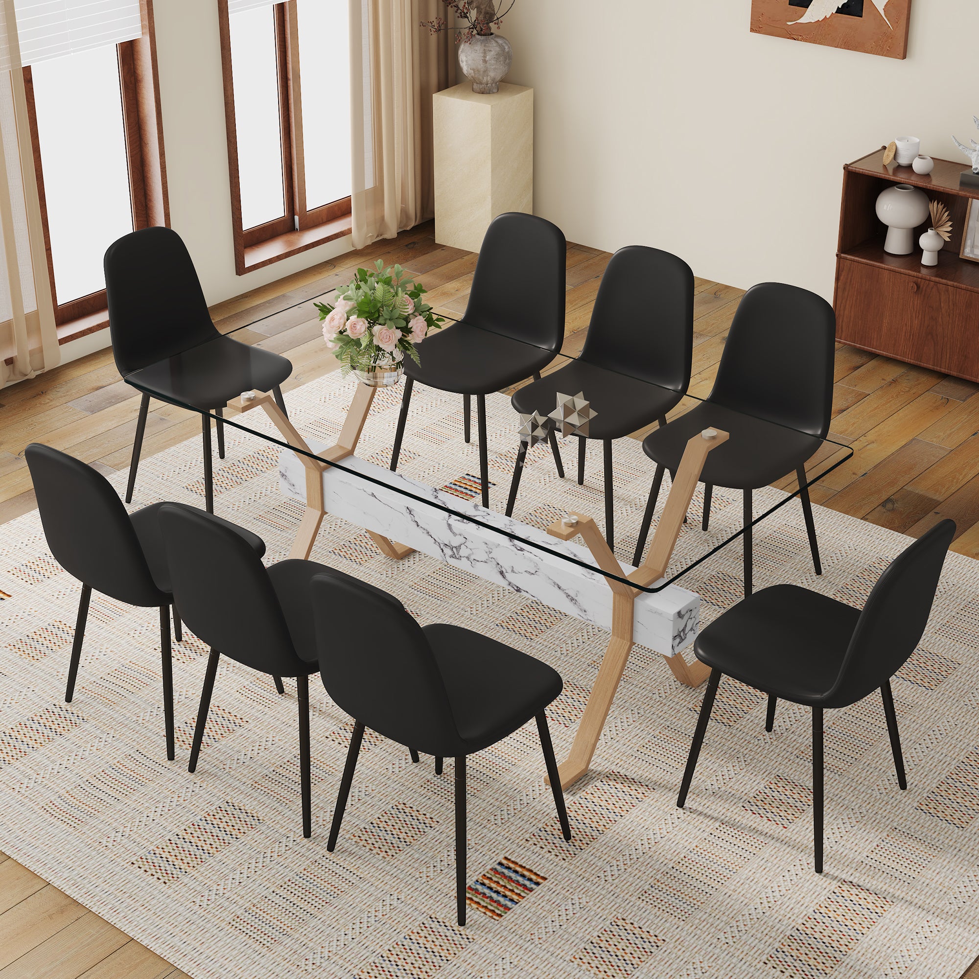 71" x 35.4" Transparent Tempered Glass Dining Table with X-Shaped Wood Color Metal Legs ¨C 6 Light Gray Linen Fabric Chairs, Modern Table Linens Set for Dining Room