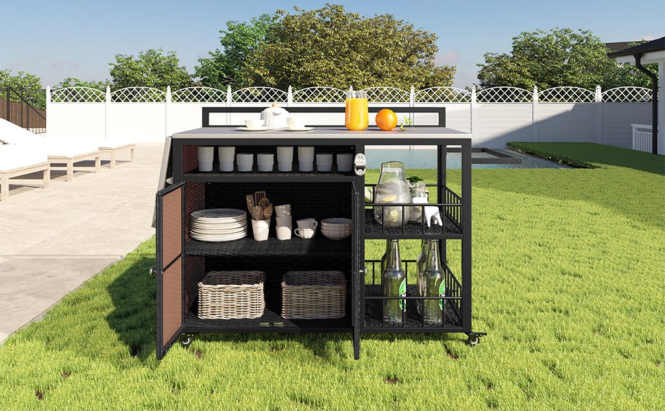 koorbiir k5 63.5" Outdoor Kitchen Island ¨C Rolling Kitchen Storage Island & Cooking Station with Foldable Side Tabletop, Ample Storage, Bottle Opener, Lockable Wheels for Patio & Backyard BBQ, Dark Brown - Koorbiir