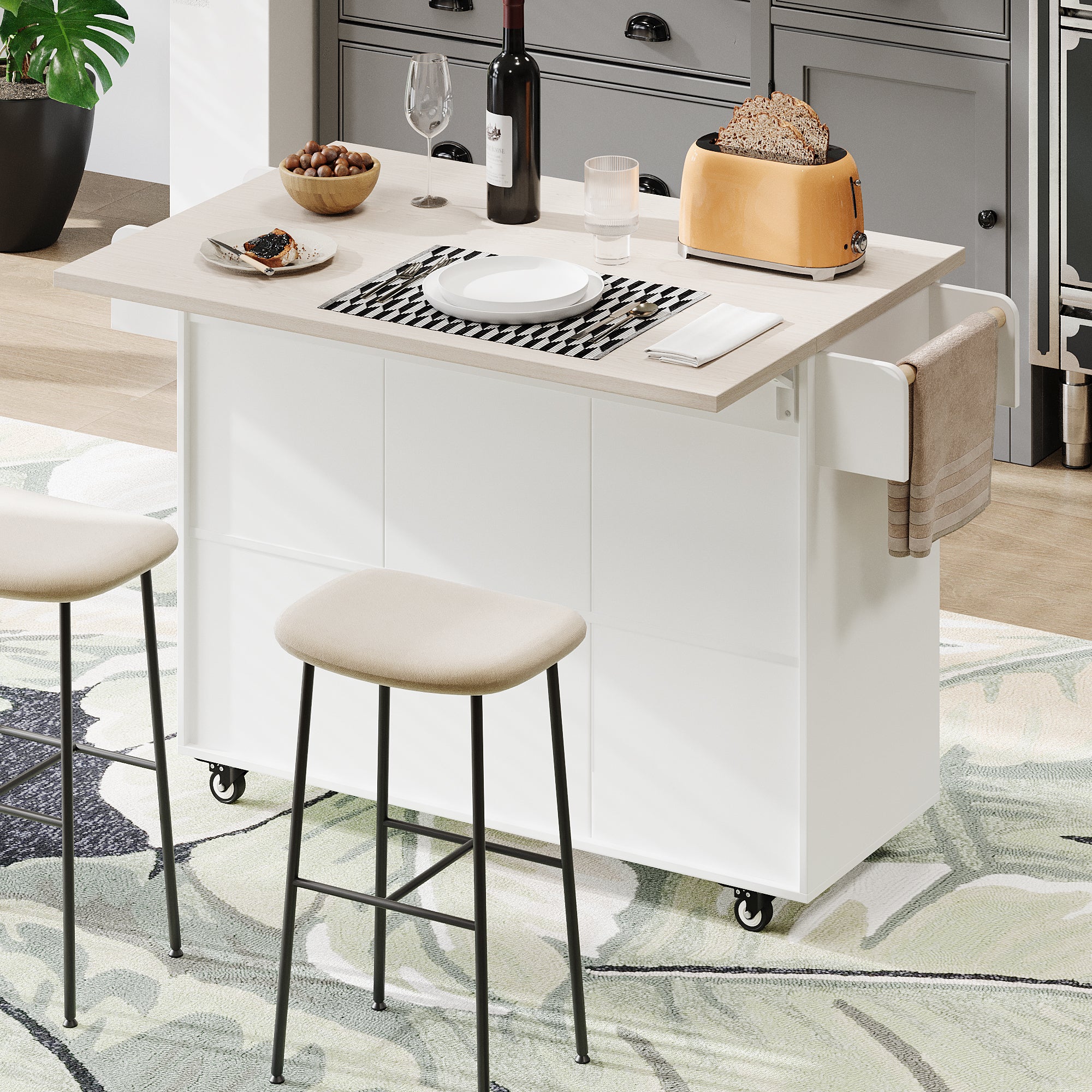 koorbiir k3 K&K Kitchen Island with Trash Can Storage, Drop Leaf Countertop, Spice & Towel Rack, Drawer Cabinet ¨C Rolling Kitchen Cart with Adjustable Shelves for Kitchen Storage, White