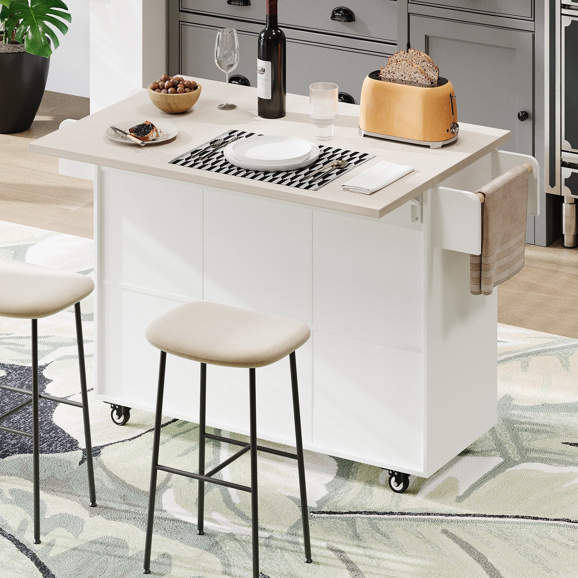 koorbiir k3 K&K Kitchen Island with Trash Can Storage, Drop Leaf Countertop, Spice & Towel Rack, Drawer Cabinet ¨C Rolling Kitchen Cart with Adjustable Shelves for Kitchen Storage, White - Koorbiir