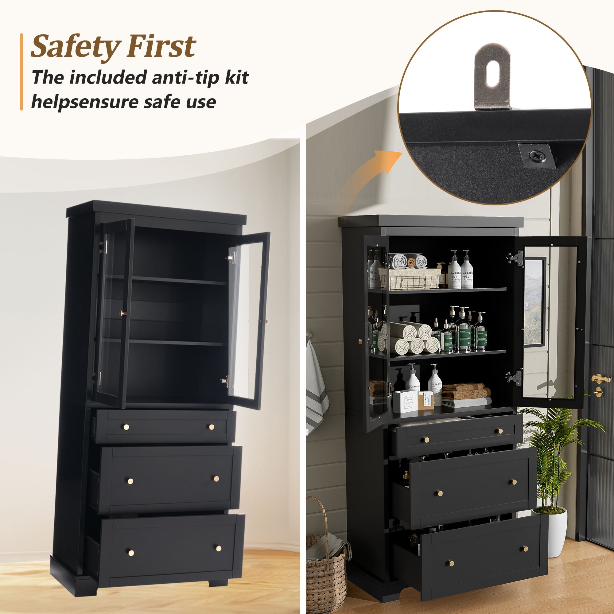koorbiir k9 70.1" Modern High Freestanding Tall Bathroom Cabinet with 2 Adjustable Shelves & 3 Drawers ¨C Soft - Close Glass Doors, Luxury Metal Handles, Versatile Bathroom, Kitchen, and Living Room Storage - Koorbiir