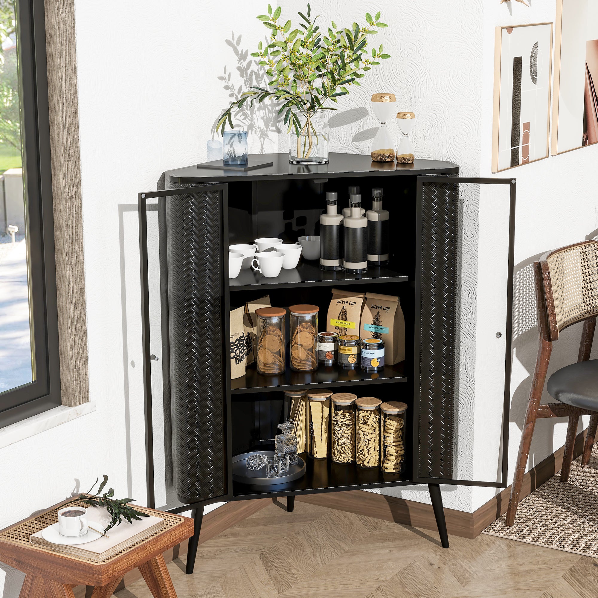 Modern 3-Tier Corner Storage Cabinet with Tempered Glass Doors ¨C Freestanding Metal Frame Organizer for Bathroom Organization, Kitchen, Bedroom, and Small Spaces