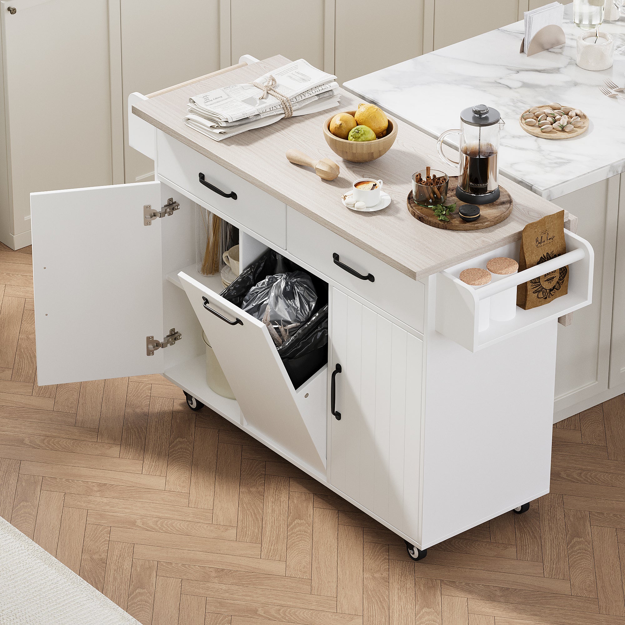koorbiir k3 K&K Kitchen Island with Trash Can Storage, Drop Leaf Countertop, Spice & Towel Rack, Drawer Cabinet ¨C Rolling Kitchen Cart with Adjustable Shelves for Kitchen Storage, White