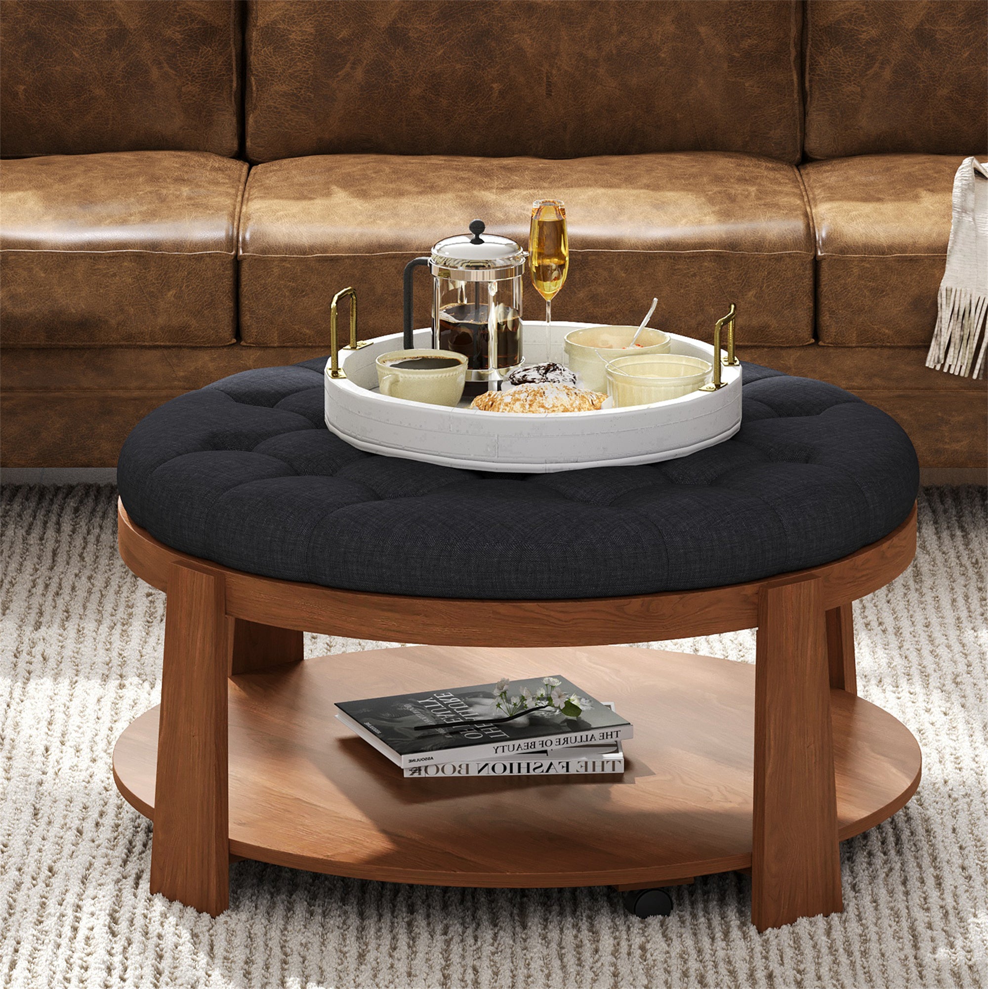 koorbiir ta1 Modern Large Round Ottoman Coffee Table with 2-Tier Wood Shelf Storage ¨C Oversized Button Tufted Upholstered Footrest Ottoman on Wheels, Waterproof Table Linens for Living Room