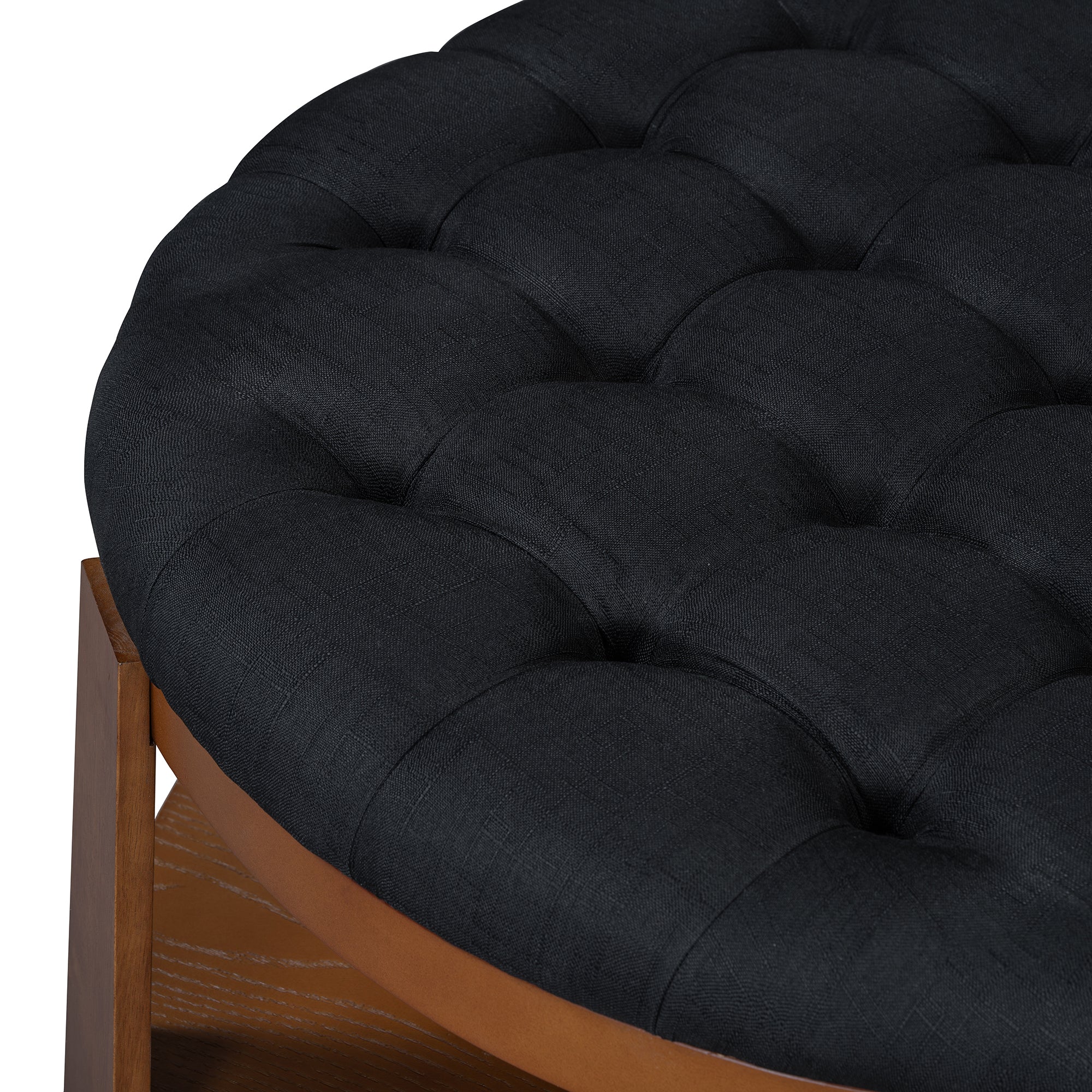koorbiir ta1 Modern Large Round Ottoman Coffee Table with 2-Tier Wood Shelf Storage ¨C Oversized Button Tufted Upholstered Footrest Ottoman on Wheels, Waterproof Table Linens for Living Room