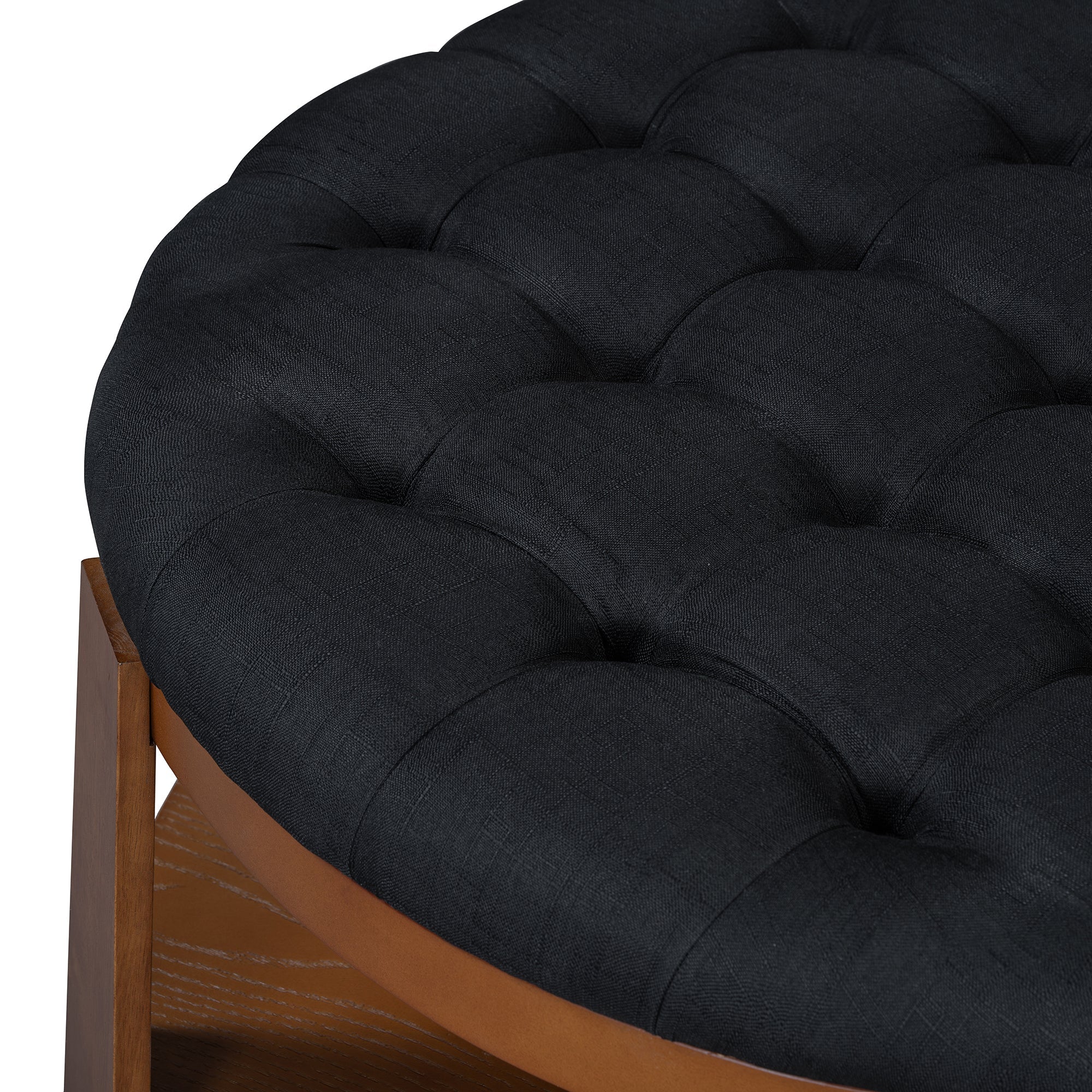 koorbiir ta1 Modern Large Round Ottoman Coffee Table with 2 - Tier Wood Shelf Storage ¨C Oversized Button Tufted Upholstered Footrest Ottoman on Wheels, Waterproof Table Linens for Living Room - Koorbiir