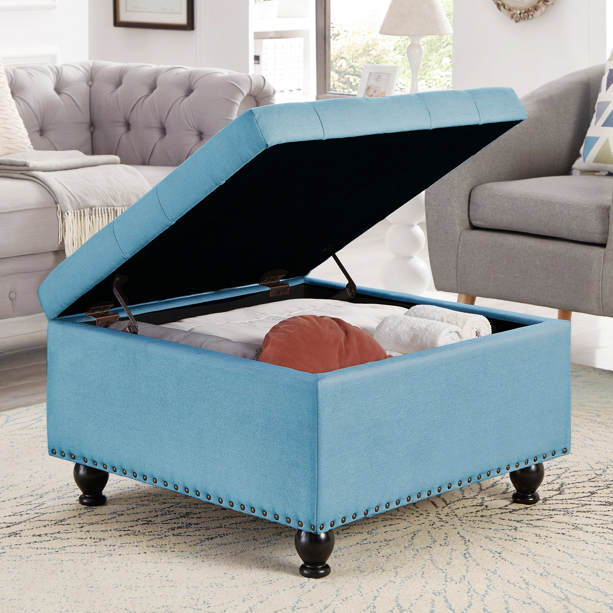 koorbiir ta4 Large Square Storage Ottoman with Wooden Legs ¨C Upholstered Button Tufted Coffee Table with Nail Trims, Multi-Functional Footrest, Table Linens for Living Space