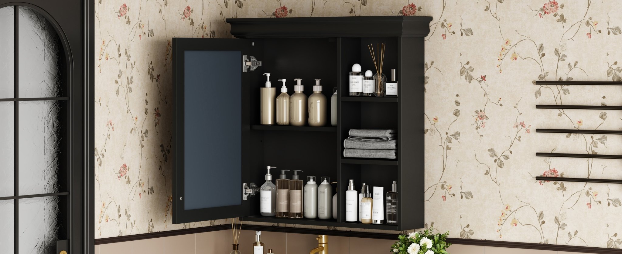 koorbiir ba6 30'' x 28'' Wall - Mounted Bathroom Medicine Cabinet with Mirror ¨C Over Toilet Storage Organizer for Bathroom Organization, Black MDF Cabinet - Koorbiir