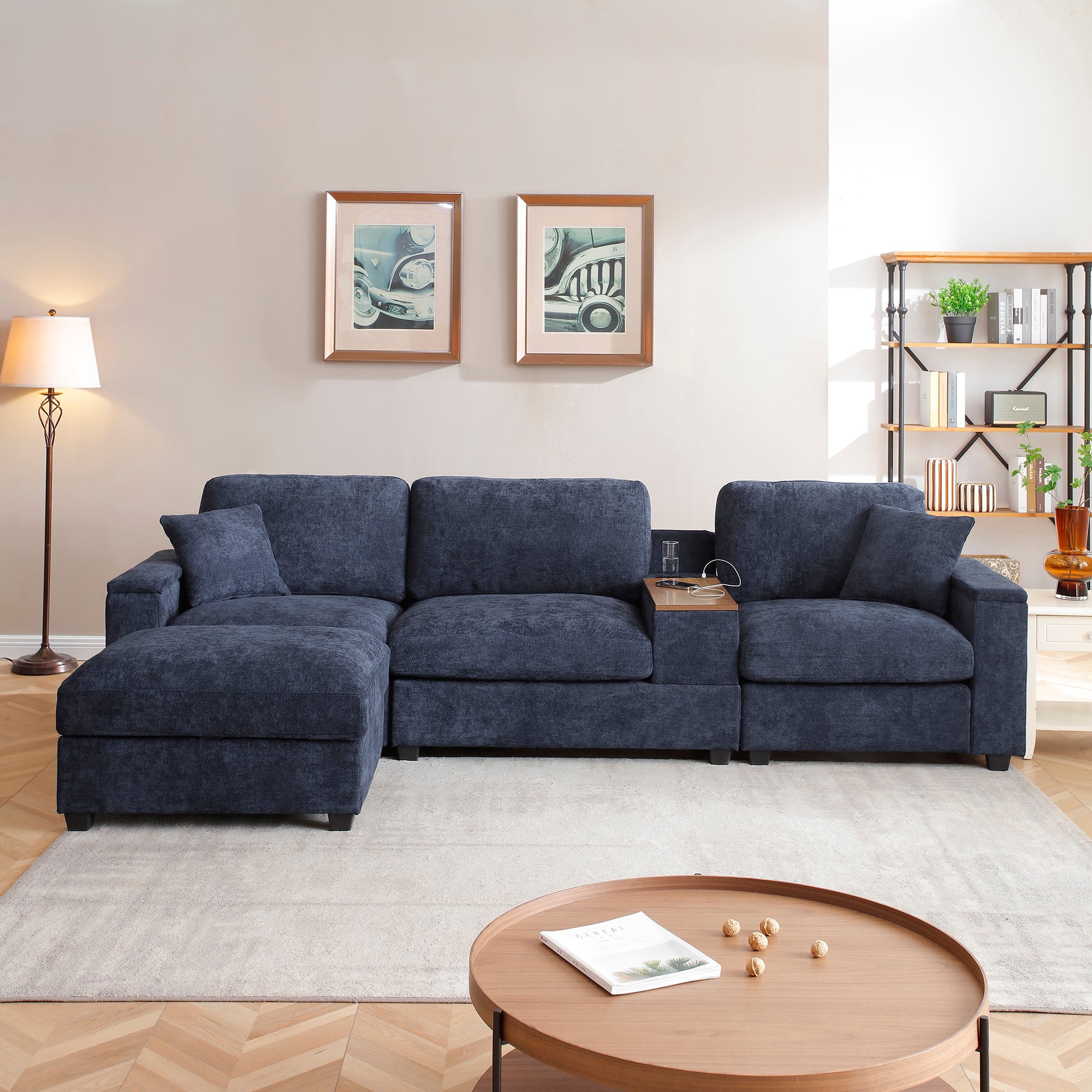 120.3" L-Shaped Sectional Sofa with Storage Ottoman ¨C Oversized Cloud Couch with Drop-Down Table, 360¡ã Swivel Tray, Cup Holders, USB Ports & Wide Linen Seats for Living Room
