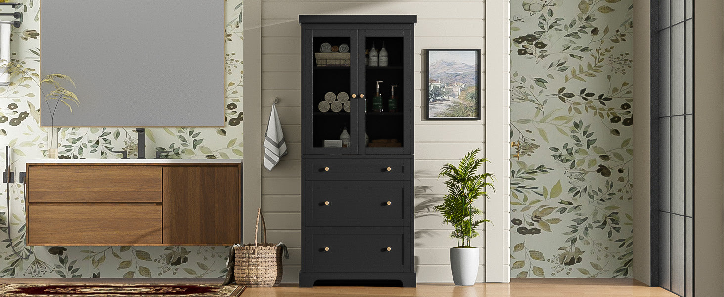 koorbiir k9 70.1" Modern High Freestanding Tall Bathroom Cabinet with 2 Adjustable Shelves & 3 Drawers ¨C Soft-Close Glass Doors, Luxury Metal Handles, Versatile Bathroom, Kitchen, and Living Room Storage