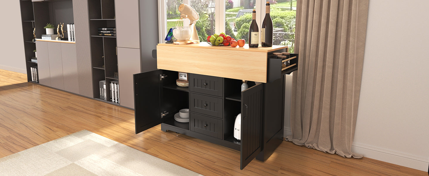 koorbiir k2 K&K 55.7" Large Kitchen Island with Storage, 2 Drop Leaves, Rolling Kitchen Cart with Power Outlet, Folding Dining Table, 3 Drawers & Spice/Towel Rack ¨C Mobile Kitchen Storage for Kitchen & Dining Room, Black