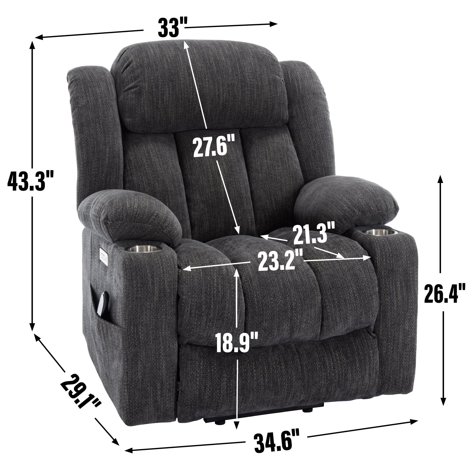 Up to 350 LBS Chenille Power Lift Massage Chair with 8 - Point Vibration, Lumbar Heating, USB & Type - C Ports, Stainless Steel Cup Holders ¨C Blue - Koorbiir
