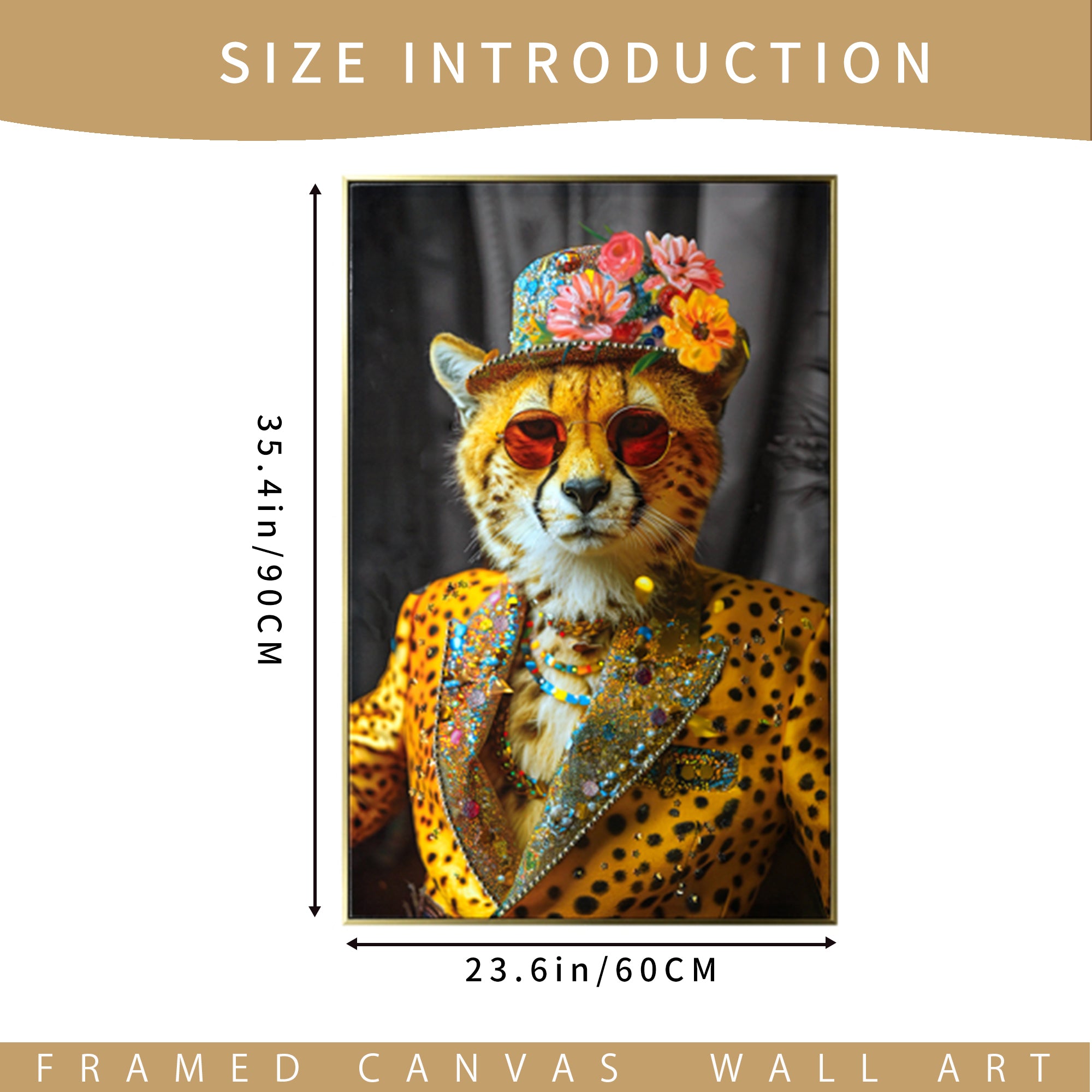 koorbiir W1 Abstract Cheetah Wall Art ¨C Modern Leopard Print Canvas Painting with Sunglasses, Hat & Flowers for Living Room, Bedroom & Office Decor