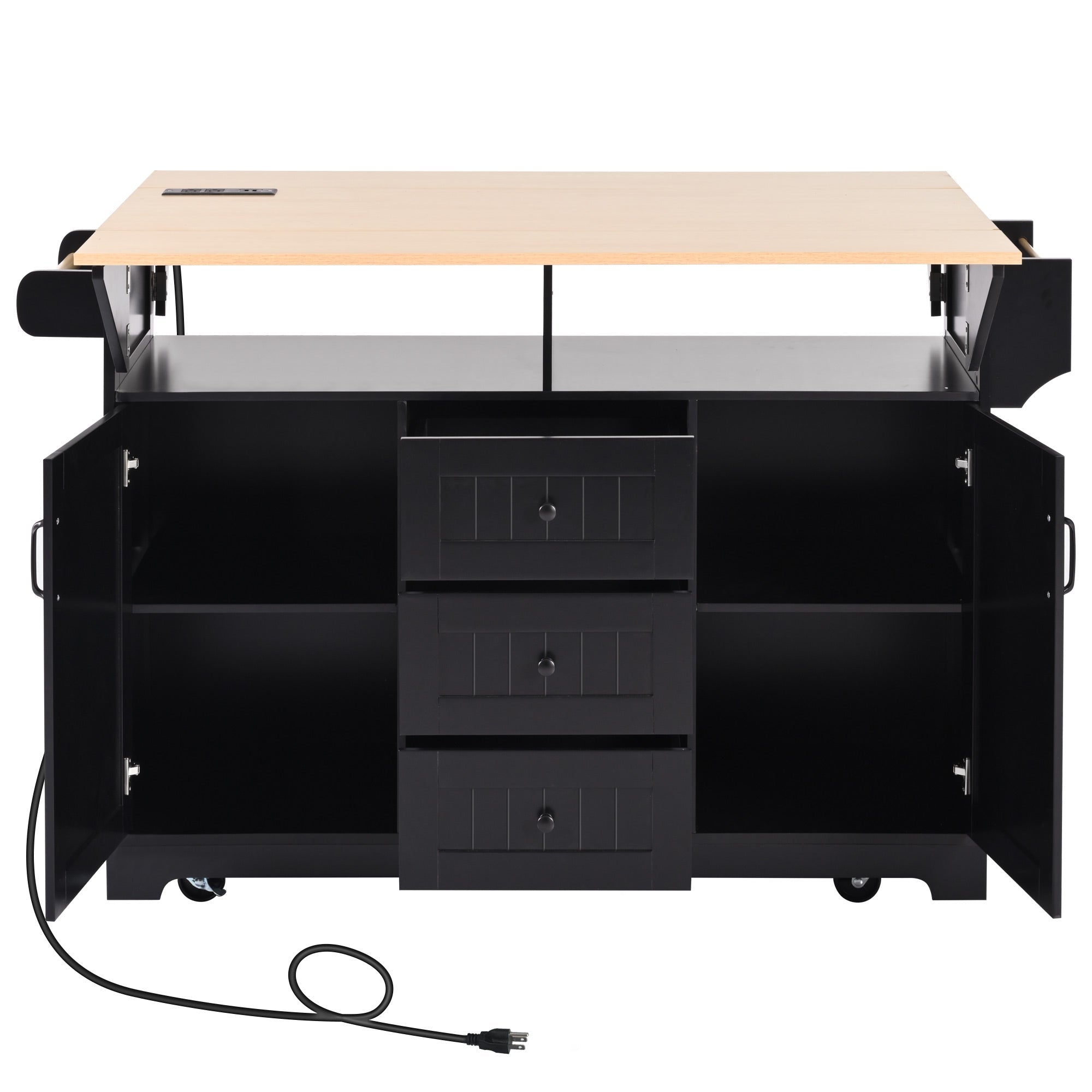 koorbiir k2 K&K 55.7" Large Kitchen Island with Storage, 2 Drop Leaves, Rolling Kitchen Cart with Power Outlet, Folding Dining Table, 3 Drawers & Spice/Towel Rack ¨C Mobile Kitchen Storage for Kitchen & Dining Room, Black - Koorbiir