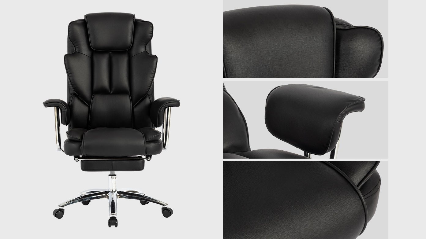 Office Chair, Big and Tall Executive Office Chair with Footrest, Leather Computer Chair, Ergonomic Reclining Chair High Back, Large Home Office Chair (Black) - Koorbiir