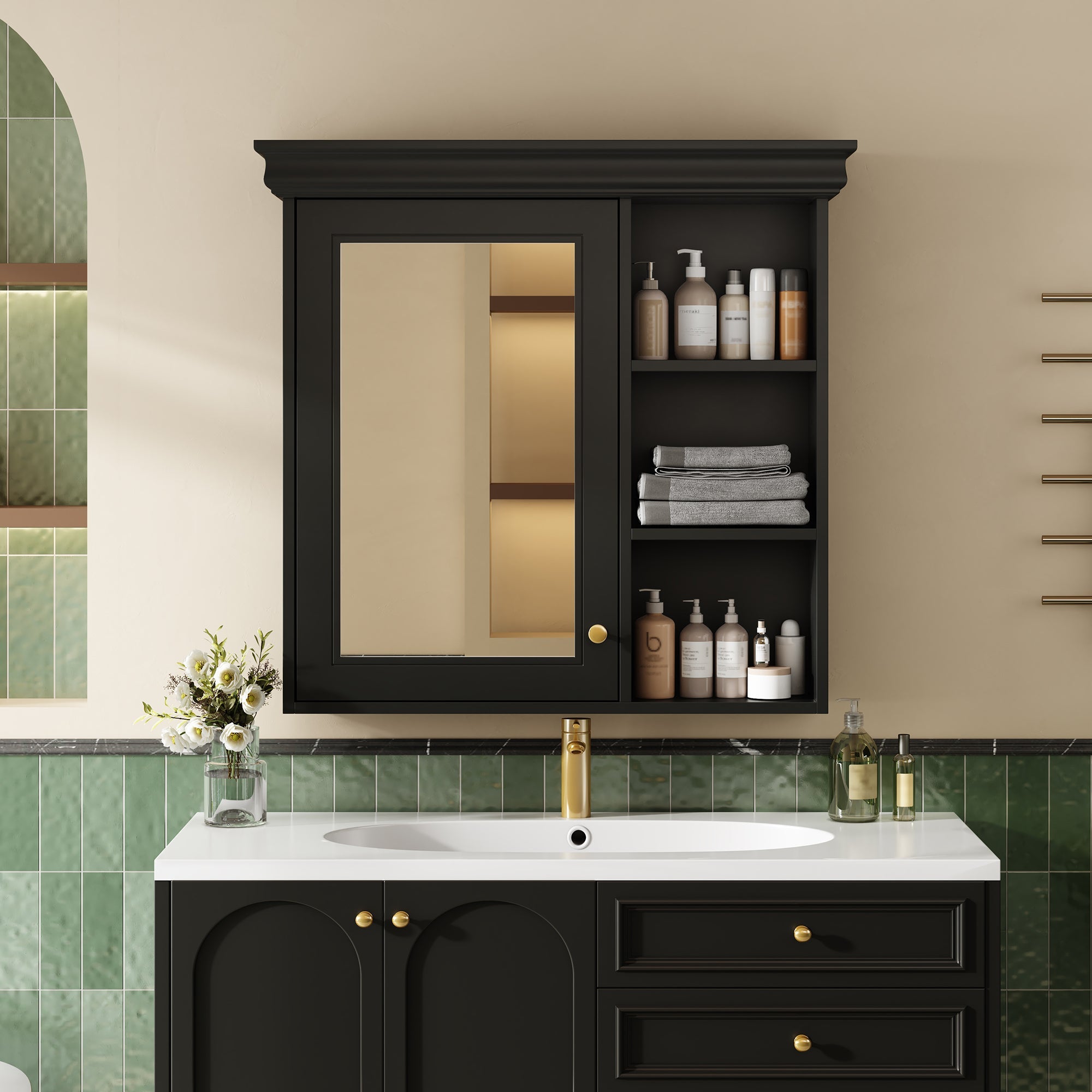 koorbiir ba6 30'' x 28'' Wall - Mounted Bathroom Medicine Cabinet with Mirror ¨C Over Toilet Storage Organizer for Bathroom Organization, Black MDF Cabinet - Koorbiir
