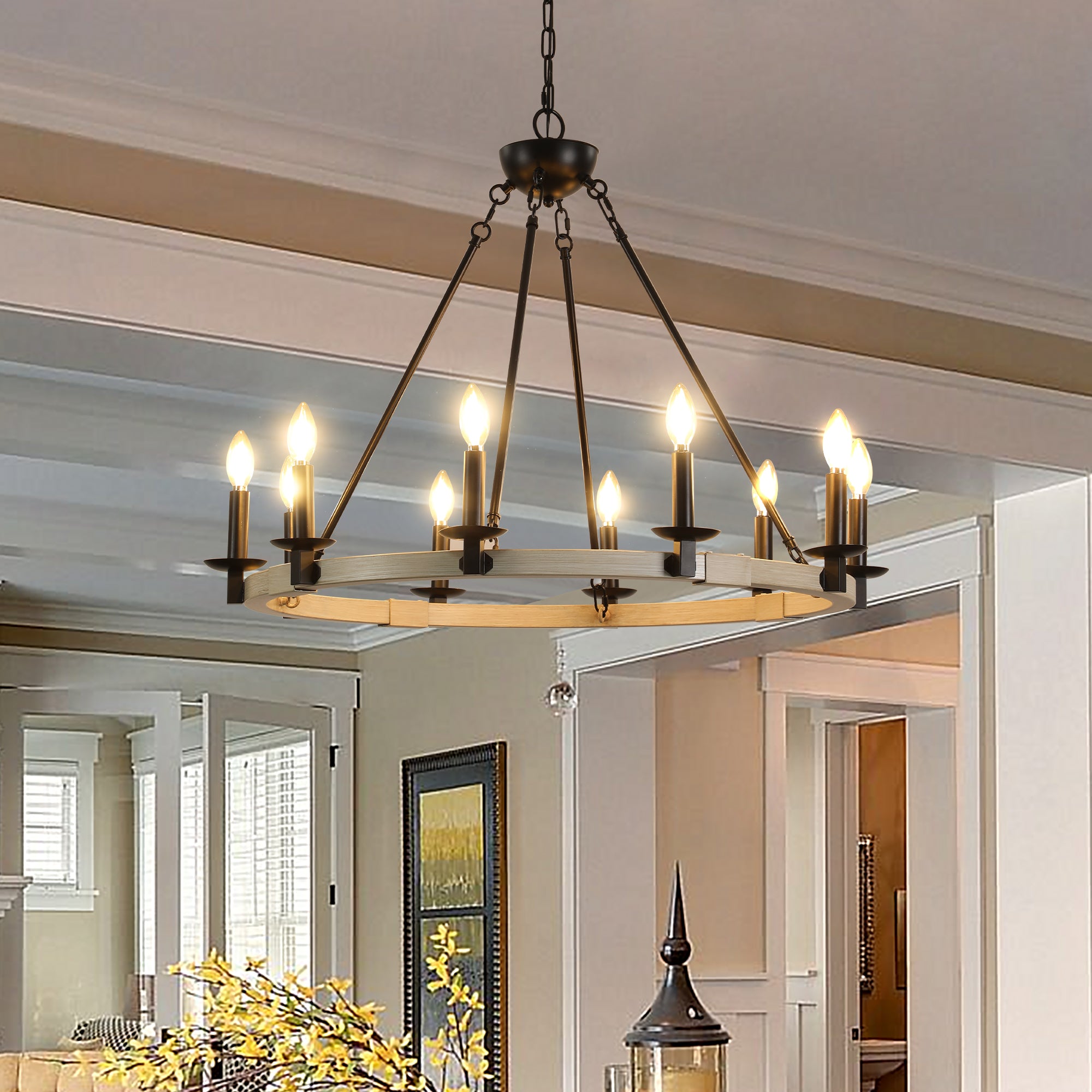 koorbiir ca1 32" Rustic Farmhouse Candle Chandelier, 10-Light Black Metal and Wood Round Hanging Light Fixture for Dining Room, Kitchen & Living Room, Adjustable Height, E12 Bulb Base (No Bulbs)