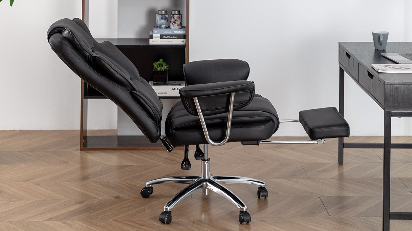 Office Chair, Big and Tall Executive Office Chair with Footrest, Leather Computer Chair, Ergonomic Reclining Chair High Back, Large Home Office Chair (Black) - Koorbiir