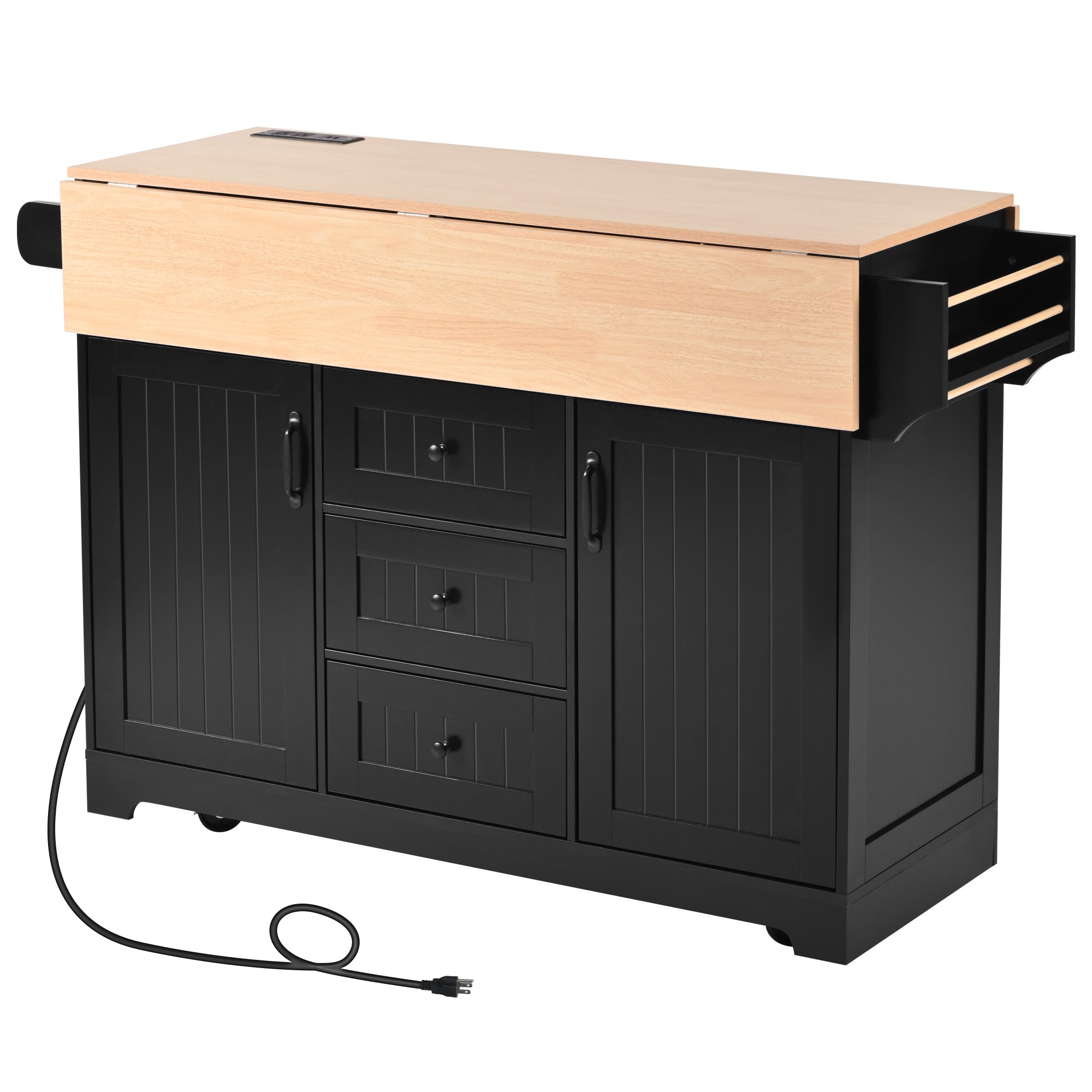 koorbiir k2 K&K 55.7" Large Kitchen Island with Storage, 2 Drop Leaves, Rolling Kitchen Cart with Power Outlet, Folding Dining Table, 3 Drawers & Spice/Towel Rack ¨C Mobile Kitchen Storage for Kitchen & Dining Room, Black