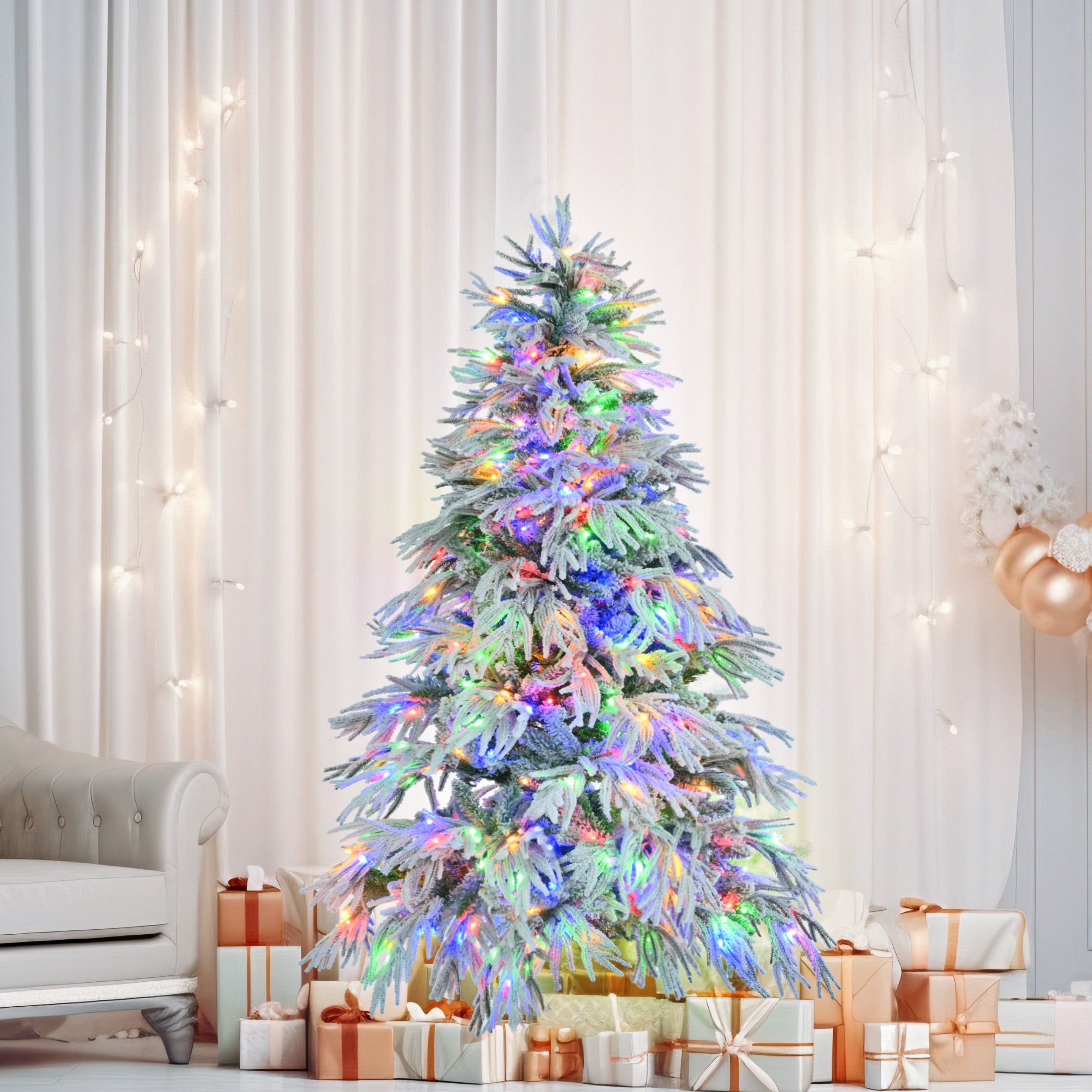 koorbiir ar1 6FT Pre-Lit Artificial Snow Flocked Christmas Tree, Hinged Xmas Tree with 300 Multi-Color LED Lights, 8 Flashing Modes & 790 Snow Branch Tips for Holiday Home & Office D¨¦cor