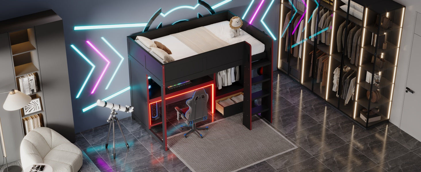 koorbiir G1 Wood Full-Size Gaming Loft Bed with Built-In Gaming Desk, Wardrobe, LED Lighting & Drawer ¨C Black