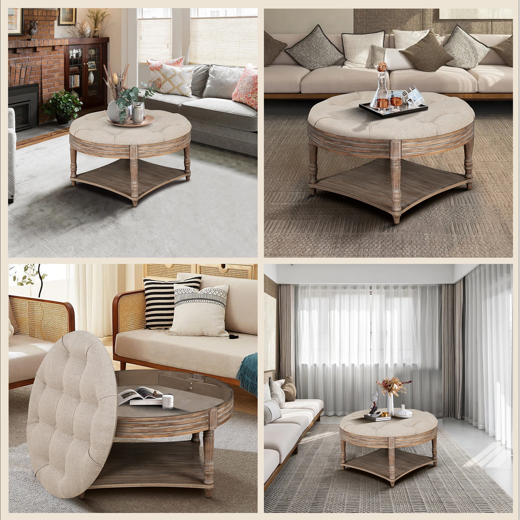 koorbiir ta2 Large Round Waterproof Ottoman Coffee Table with 2 - Tier Wooden Shelf ¨C Oversized Button Tufted Upholstered Footstool Ottoman, Farmhouse Style Table Linens (Light Gray) for Living Room - Koorbiir