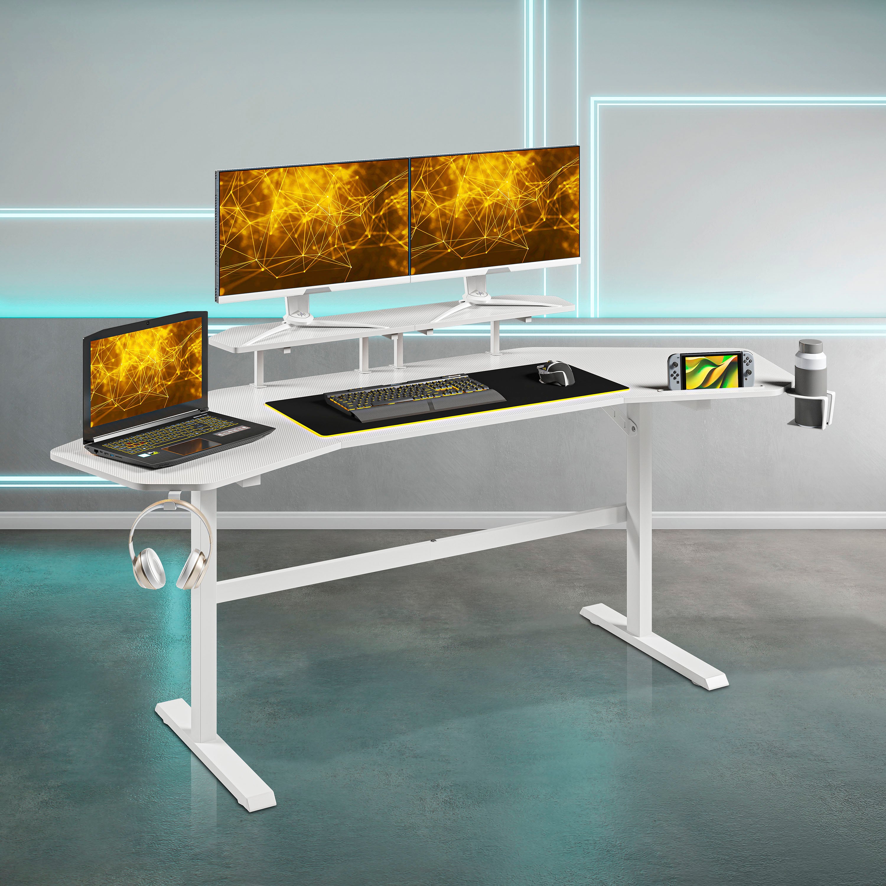 koorbiir G2 Sport TS911D White Gaming Desk with Shelves & Accessory Holder ¨C Ergonomic Gaming Desk
