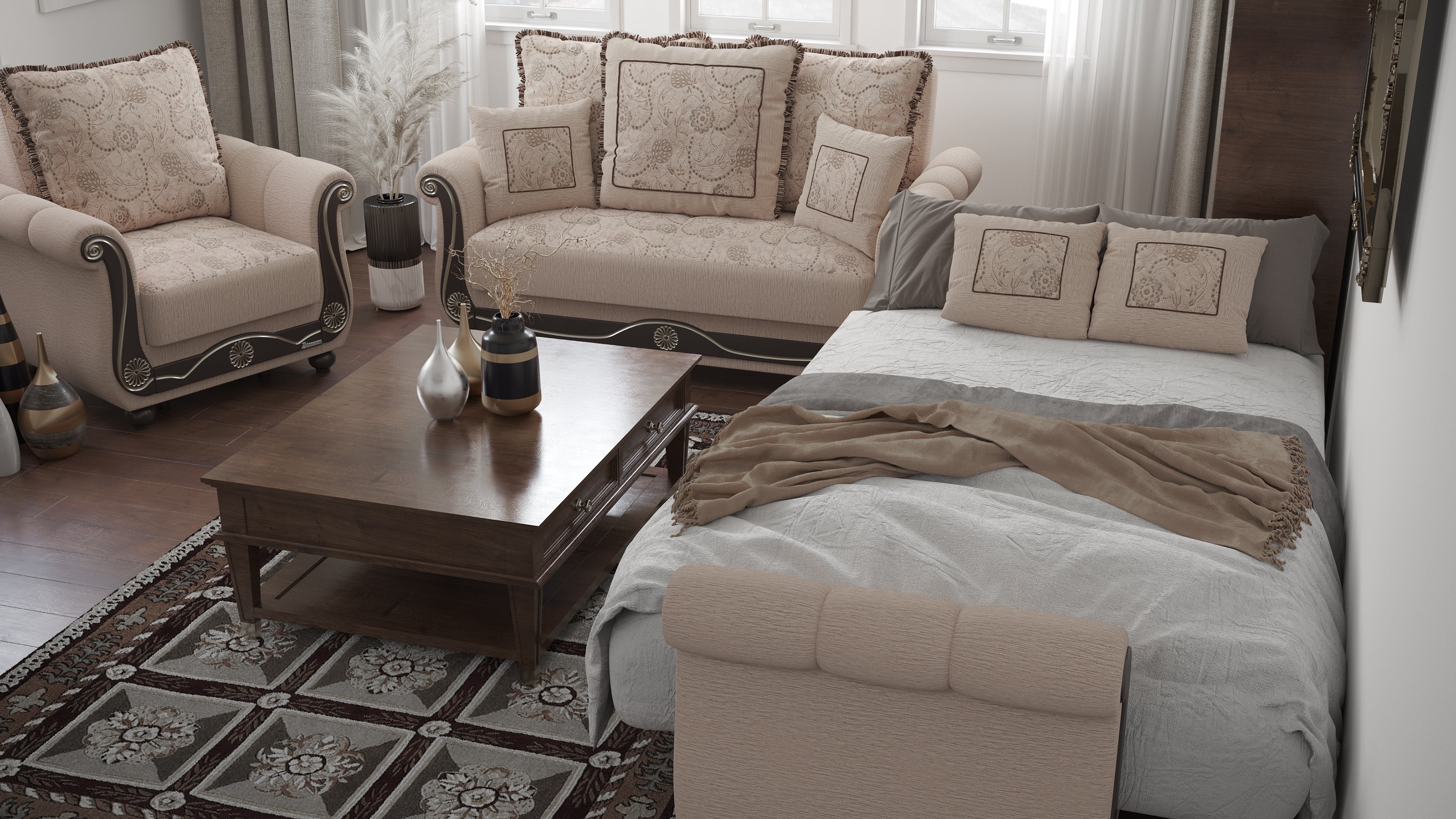 PrimeNest Timberline Collection Convertible Sofabed with Storage, Upholstered Sleeper Sofa Bed Beige ¨C Bedding Collections for Living Room & Small Spaces