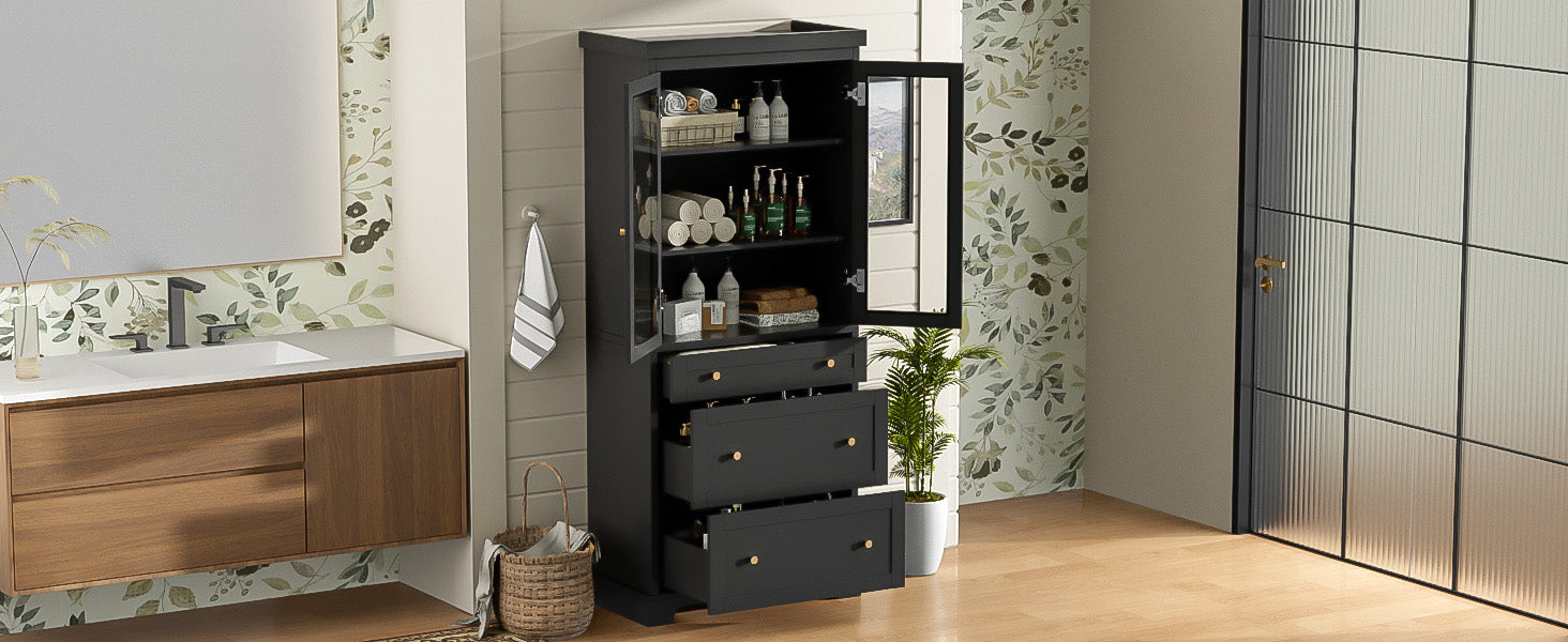 koorbiir k9 70.1" Modern High Freestanding Tall Bathroom Cabinet with 2 Adjustable Shelves & 3 Drawers ¨C Soft-Close Glass Doors, Luxury Metal Handles, Versatile Bathroom, Kitchen, and Living Room Storage