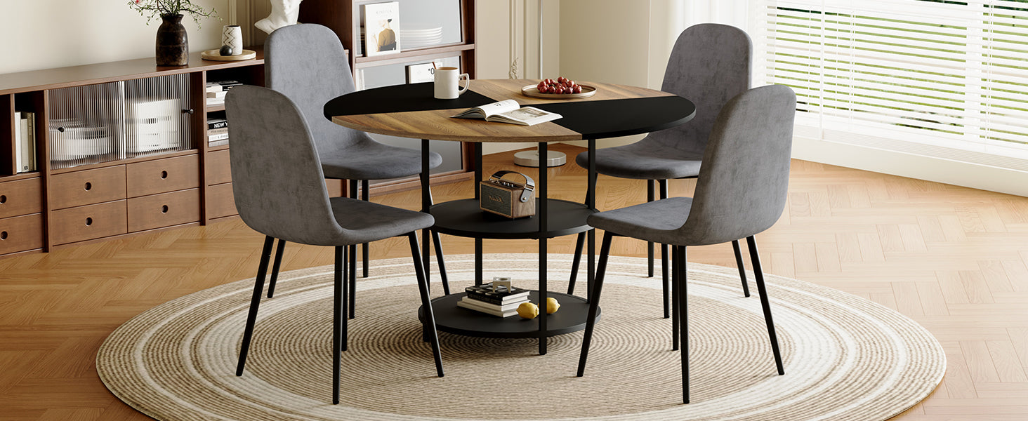 47.3" Modern Splicing Circular Dining Table with Double-Layer Storage ¨C 4 Black Linen-Cotton High-Resilience Chairs with Metal Legs, Table Linens Included