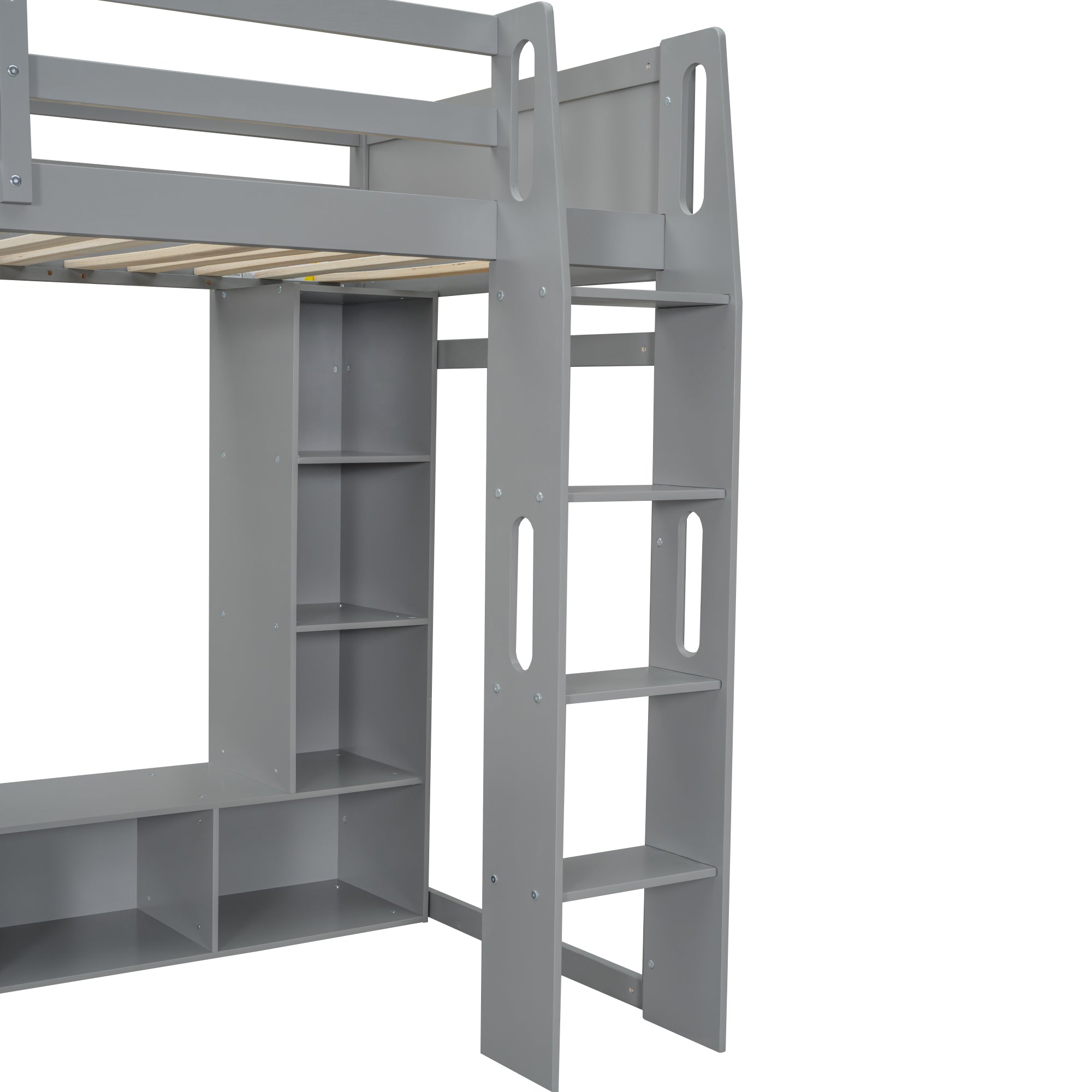 koorbiir G4 Wood Full Size Gaming Loft Bed with Built-In Gaming Desk, Multi-Storage Shelves, LED & Hanging Clothes Rack ¨C Gray