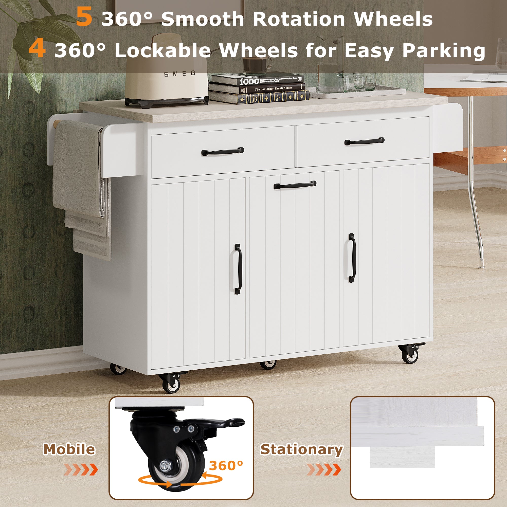 koorbiir k3 K&K Kitchen Island with Trash Can Storage, Drop Leaf Countertop, Spice & Towel Rack, Drawer Cabinet ¨C Rolling Kitchen Cart with Adjustable Shelves for Kitchen Storage, White