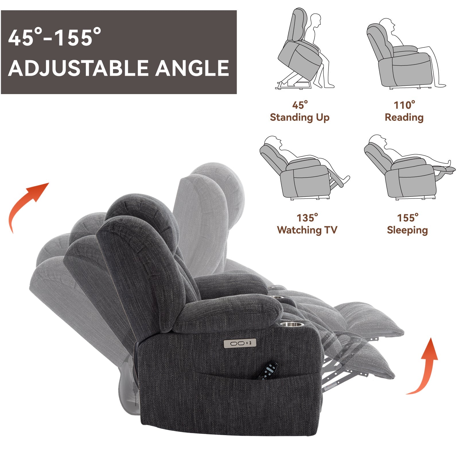 Up to 350 LBS Chenille Power Lift Massage Chair with 8 - Point Vibration, Lumbar Heating, USB & Type - C Ports, Stainless Steel Cup Holders ¨C Blue - Koorbiir