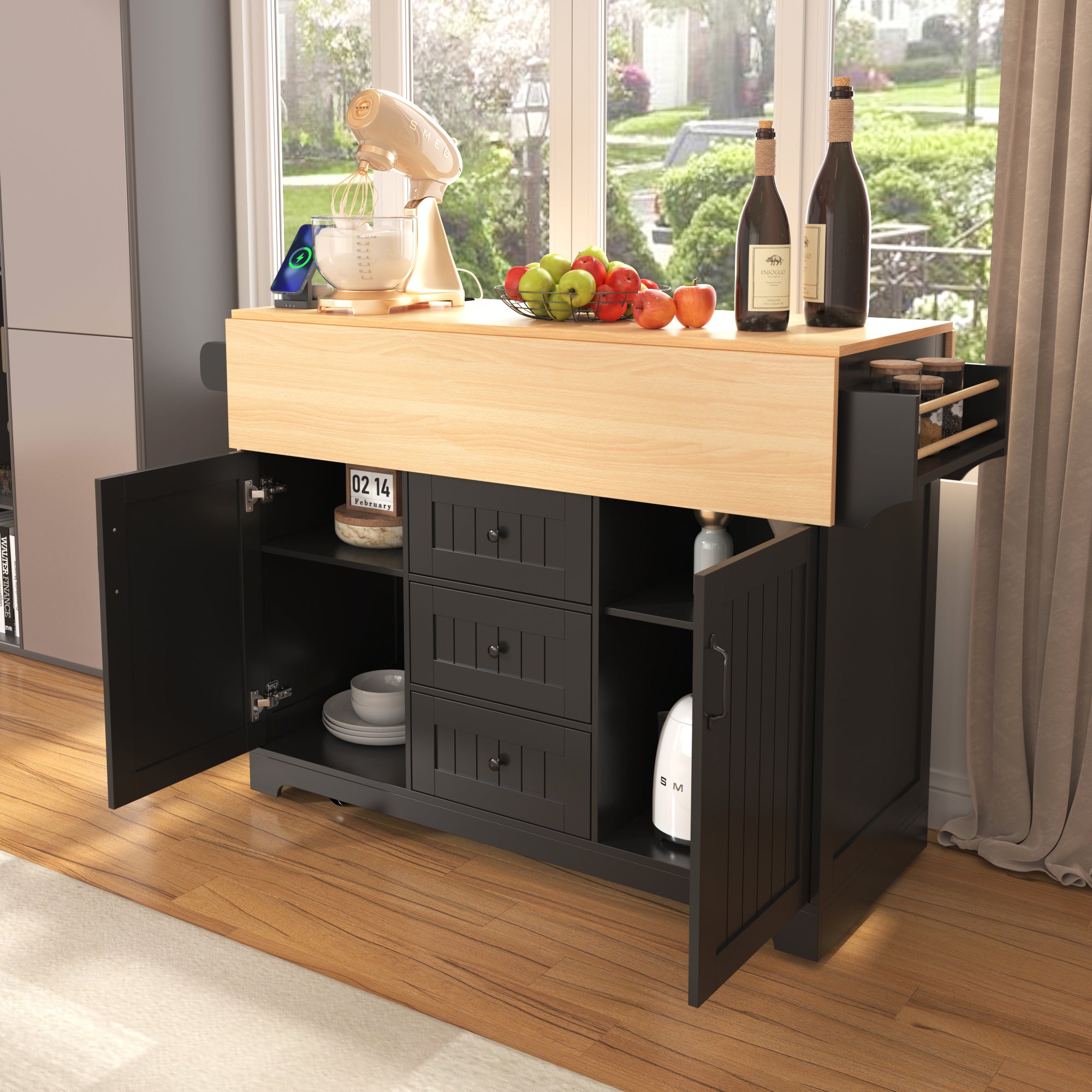 koorbiir k2 K&K 55.7" Large Kitchen Island with Storage, 2 Drop Leaves, Rolling Kitchen Cart with Power Outlet, Folding Dining Table, 3 Drawers & Spice/Towel Rack ¨C Mobile Kitchen Storage for Kitchen & Dining Room, Black