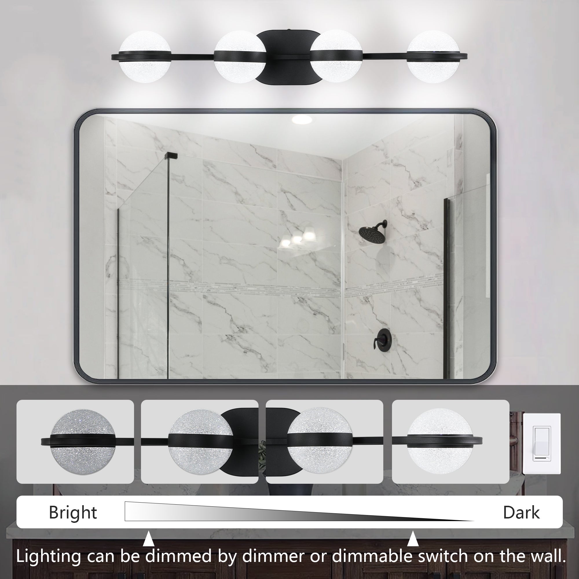 koorbiir L3 30 Black LED Bathroom Vanity Lighting Fixture with Crystal Acrylic Shades ¨C 4 - Light Wall Mounted Modern Mirror Lighting - Koorbiir
