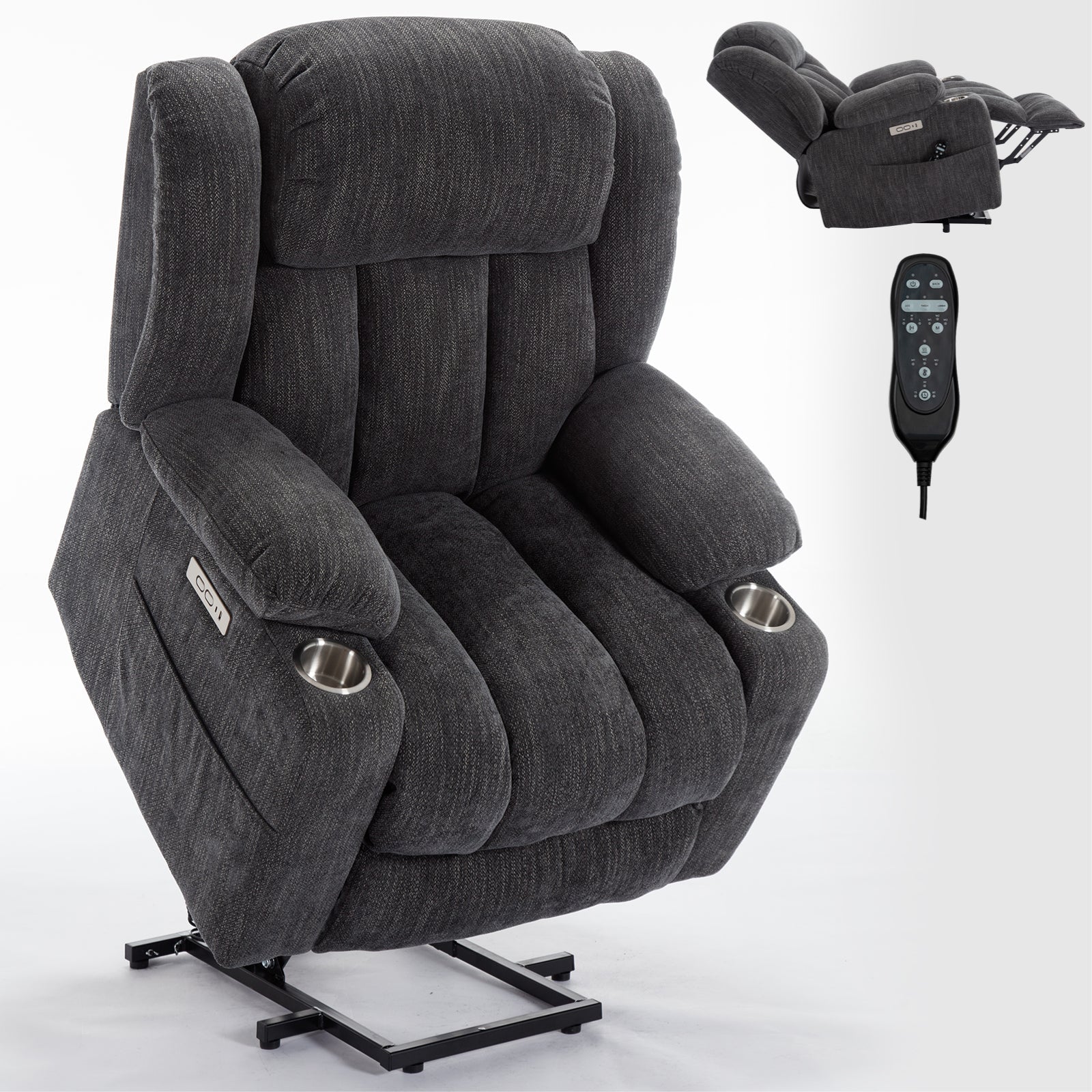 Up to 350 LBS Chenille Power Lift Massage Chair with 8 - Point Vibration, Lumbar Heating, USB & Type - C Ports, Stainless Steel Cup Holders ¨C Blue - Koorbiir