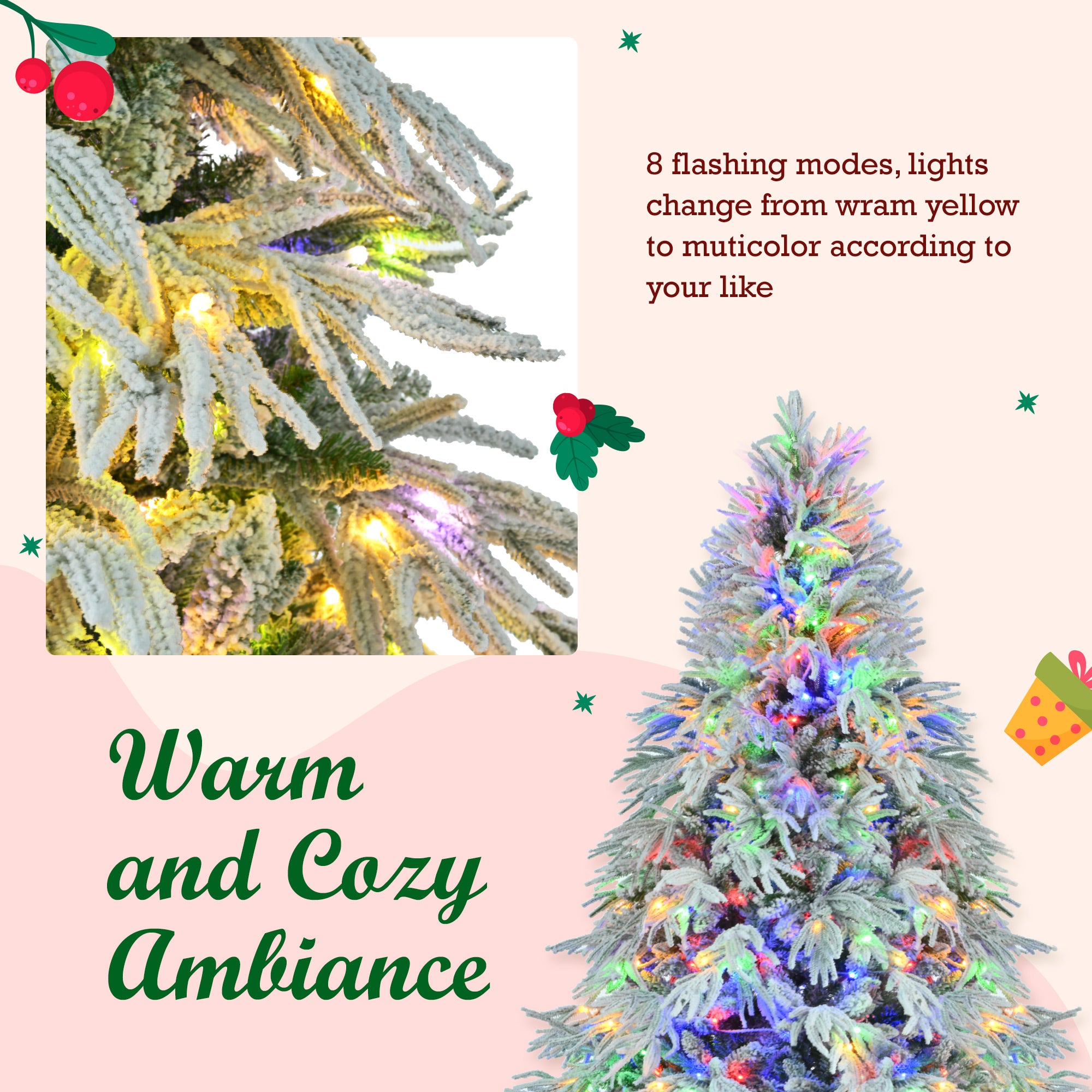 koorbiir ar1 6FT Pre-Lit Artificial Snow Flocked Christmas Tree, Hinged Xmas Tree with 300 Multi-Color LED Lights, 8 Flashing Modes & 790 Snow Branch Tips for Holiday Home & Office D¨¦cor