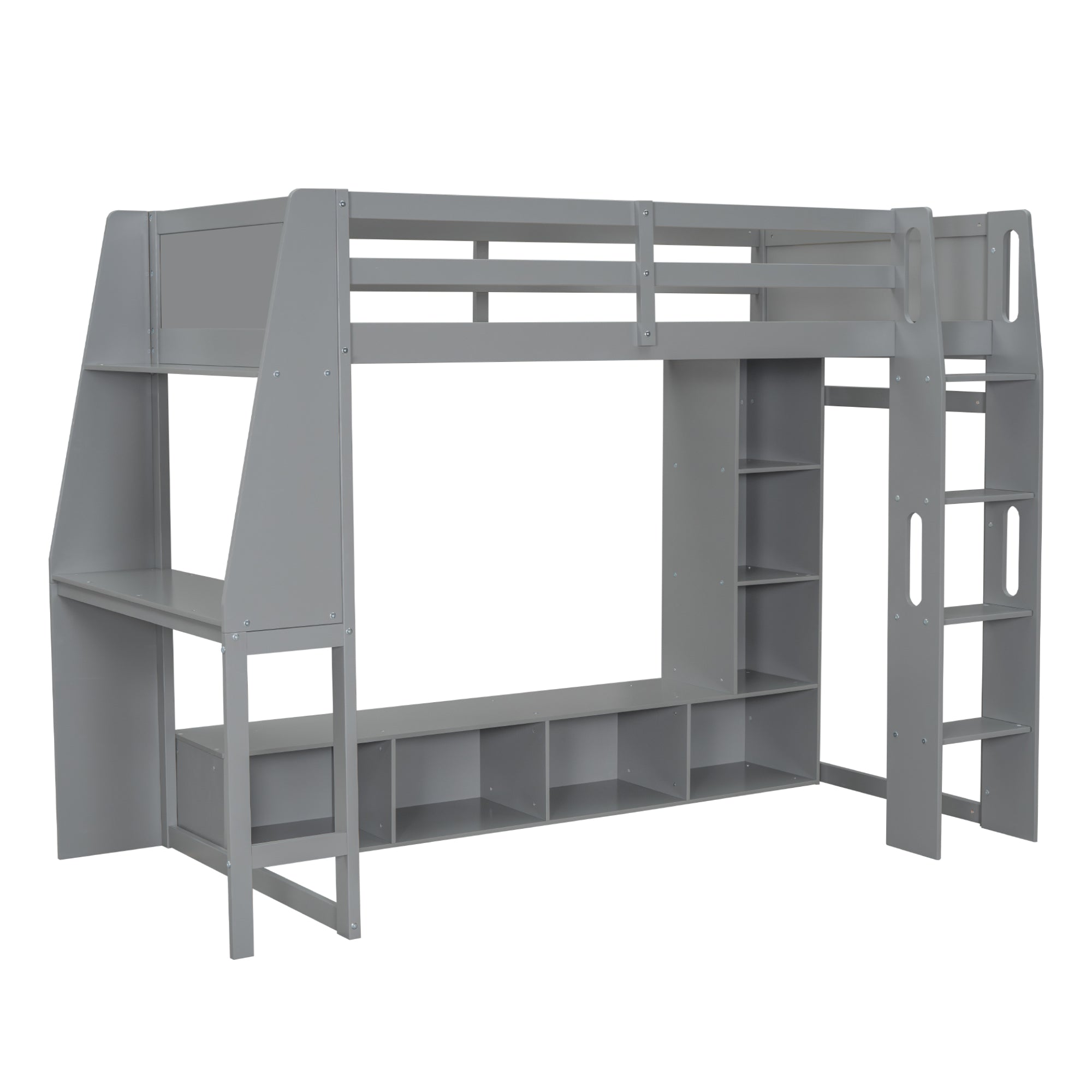 koorbiir G4 Wood Full Size Gaming Loft Bed with Built-In Gaming Desk, Multi-Storage Shelves, LED & Hanging Clothes Rack ¨C Gray