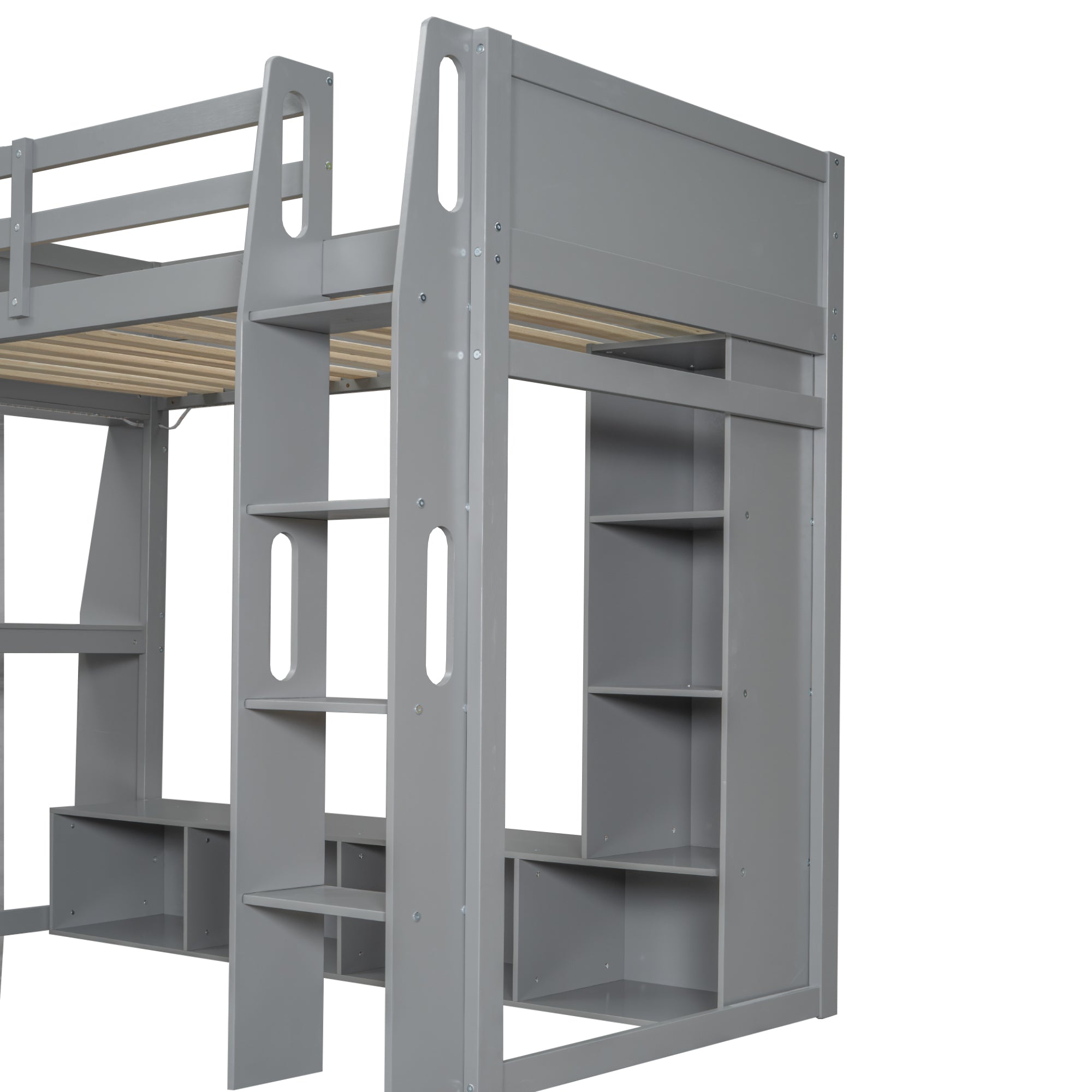 koorbiir G4 Wood Full Size Gaming Loft Bed with Built-In Gaming Desk, Multi-Storage Shelves, LED & Hanging Clothes Rack ¨C Gray