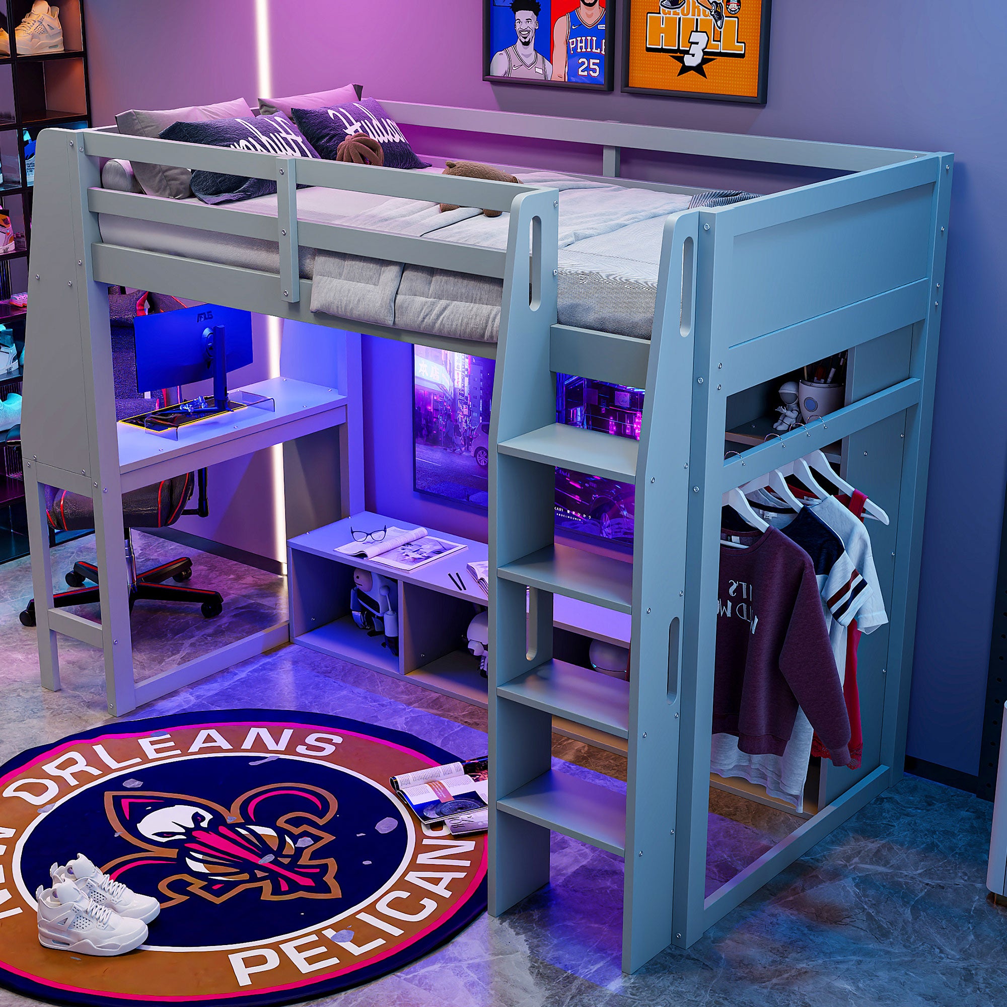 koorbiir G4 Wood Full Size Gaming Loft Bed with Built-In Gaming Desk, Multi-Storage Shelves, LED & Hanging Clothes Rack ¨C Gray