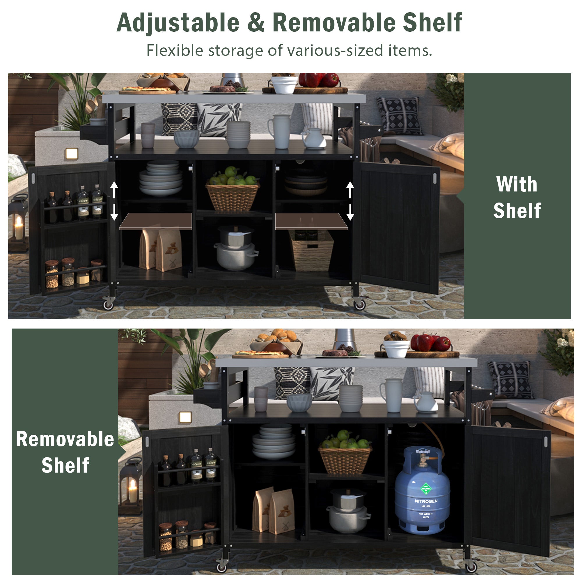 koorbiir k4 K&K Outdoor Kitchen Island & Rolling Bar Cart ¨C Solid Wood Grill Table with Stainless Steel Top, Spice & Towel Rack, Lockable Wheels for Patio, BBQ & Kitchen Storage, Grey Blue