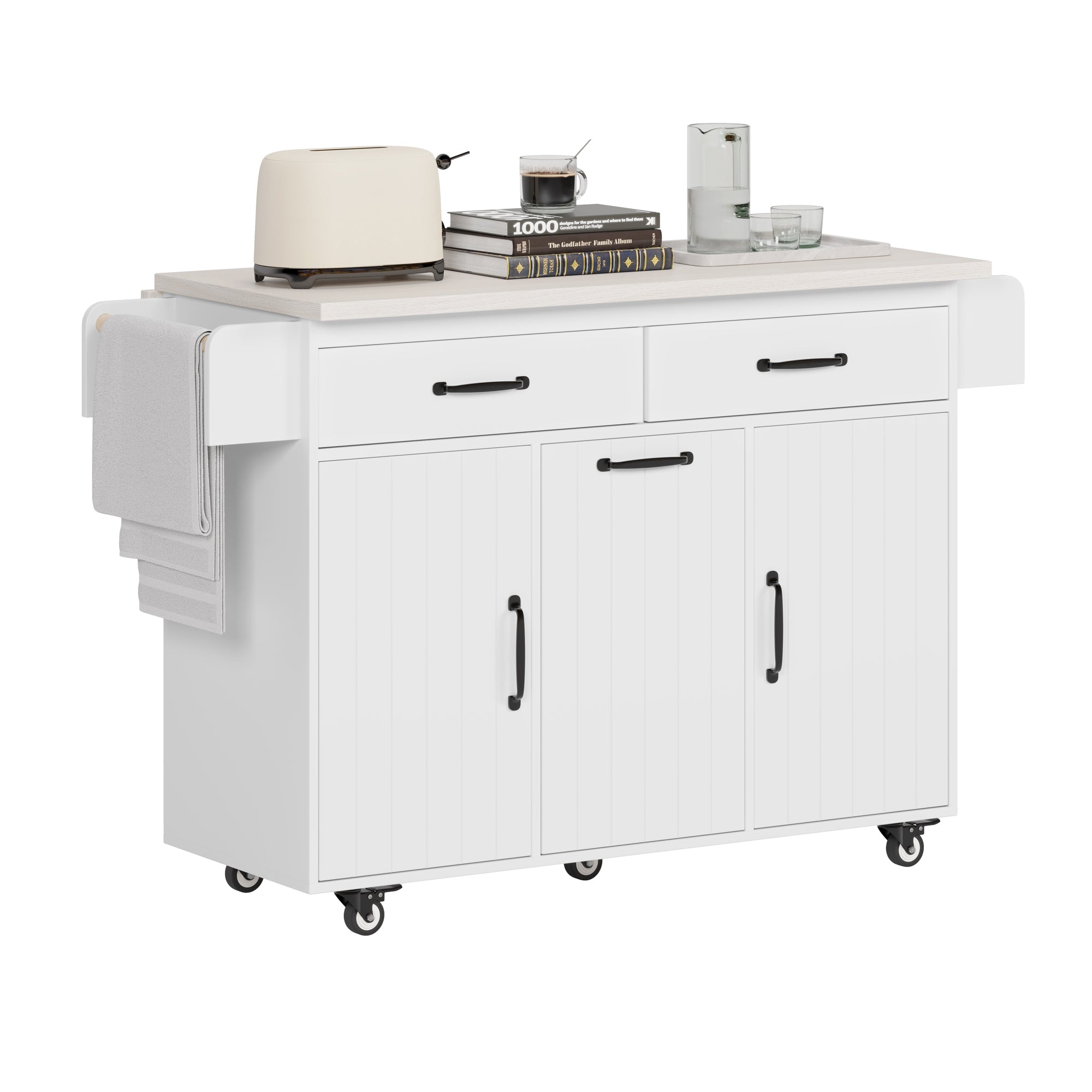 koorbiir k3 K&K Kitchen Island with Trash Can Storage, Drop Leaf Countertop, Spice & Towel Rack, Drawer Cabinet ¨C Rolling Kitchen Cart with Adjustable Shelves for Kitchen Storage, White