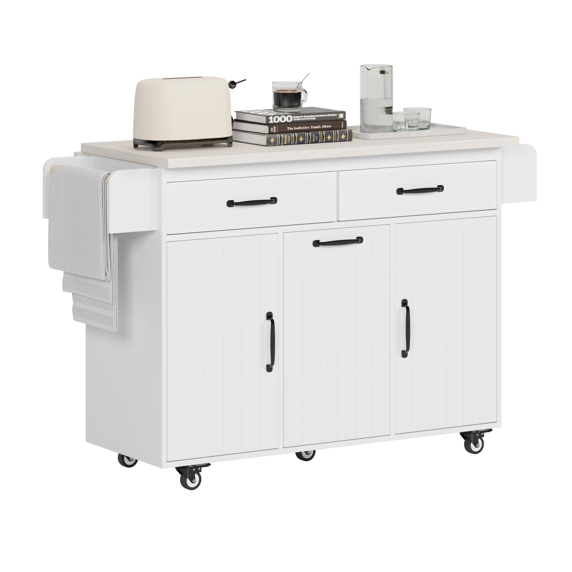 koorbiir k3 K&K Kitchen Island with Trash Can Storage, Drop Leaf Countertop, Spice & Towel Rack, Drawer Cabinet ¨C Rolling Kitchen Cart with Adjustable Shelves for Kitchen Storage, White - Koorbiir