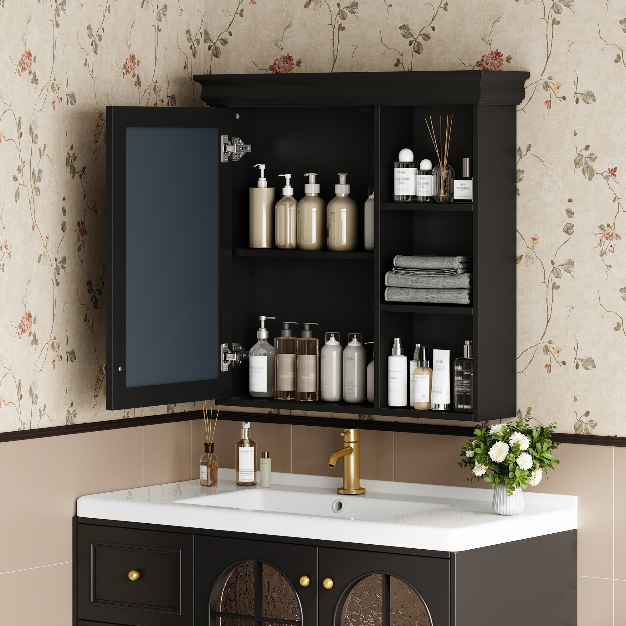 koorbiir ba6 30'' x 28'' Wall - Mounted Bathroom Medicine Cabinet with Mirror ¨C Over Toilet Storage Organizer for Bathroom Organization, Black MDF Cabinet - Koorbiir