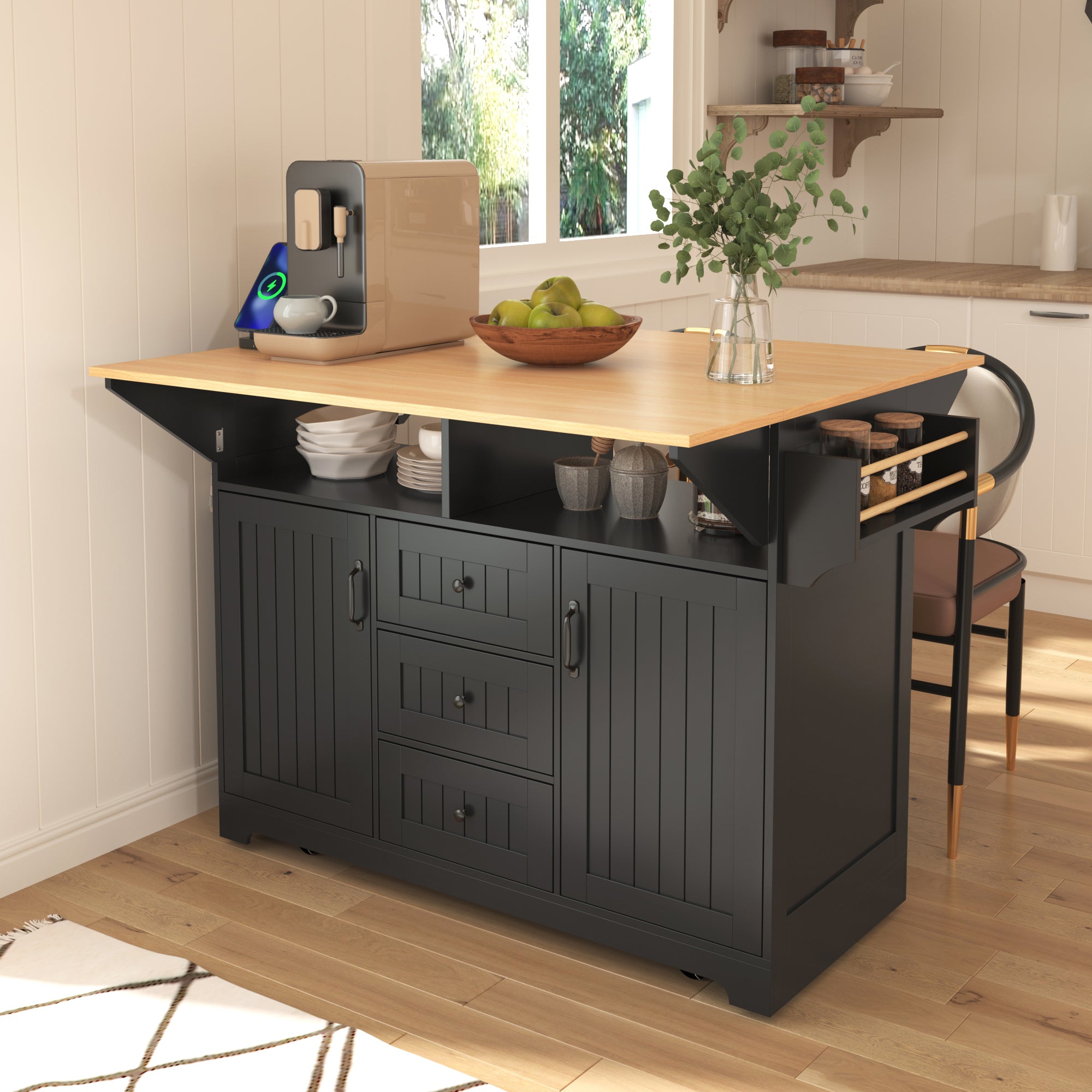 koorbiir k2 K&K 55.7" Large Kitchen Island with Storage, 2 Drop Leaves, Rolling Kitchen Cart with Power Outlet, Folding Dining Table, 3 Drawers & Spice/Towel Rack ¨C Mobile Kitchen Storage for Kitchen & Dining Room, Black
